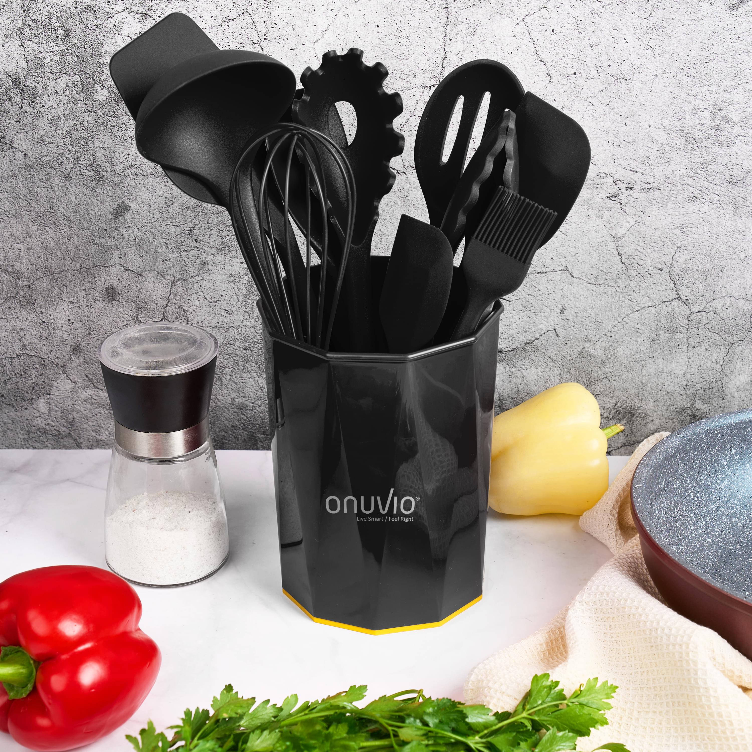 Set ustensile bucatarie 11 piese onuvio®, luxury silicon alimentar, suport blat, antiaderente, termorezistente, certificate institutul bioresurse alimentare - negru