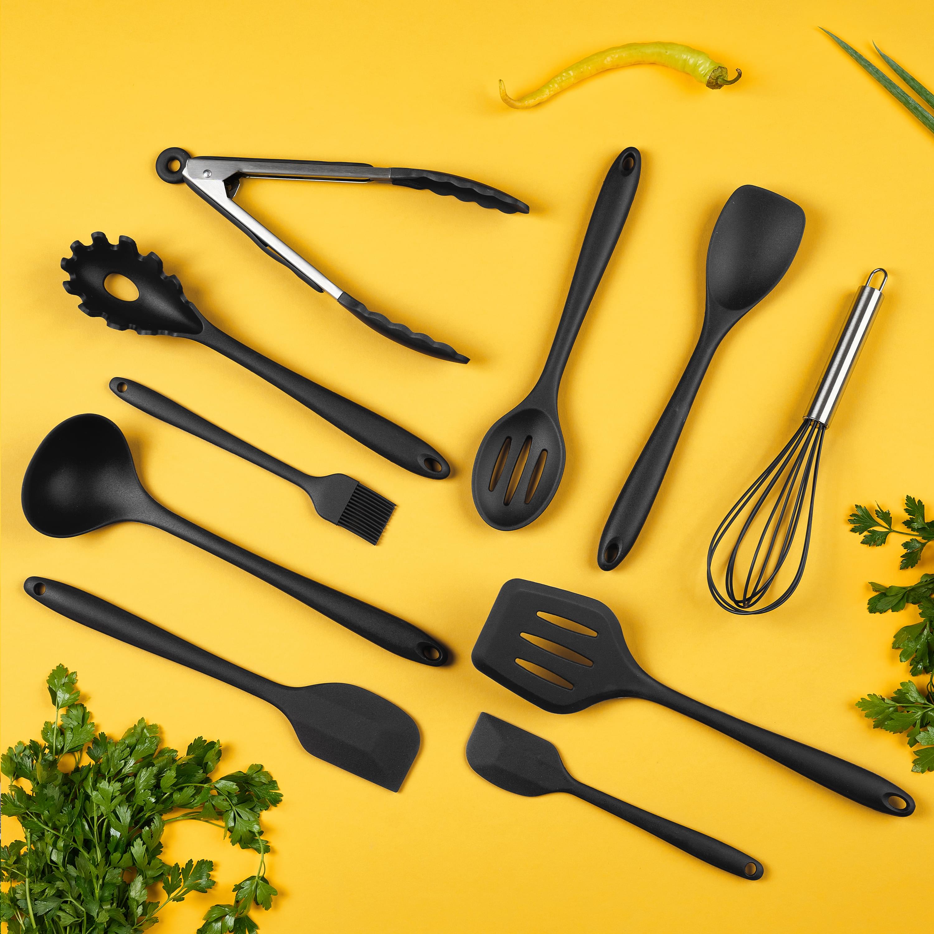 Set ustensile bucatarie 11 piese onuvio®, luxury silicon alimentar, suport blat, antiaderente, termorezistente, certificate institutul bioresurse alimentare - negru