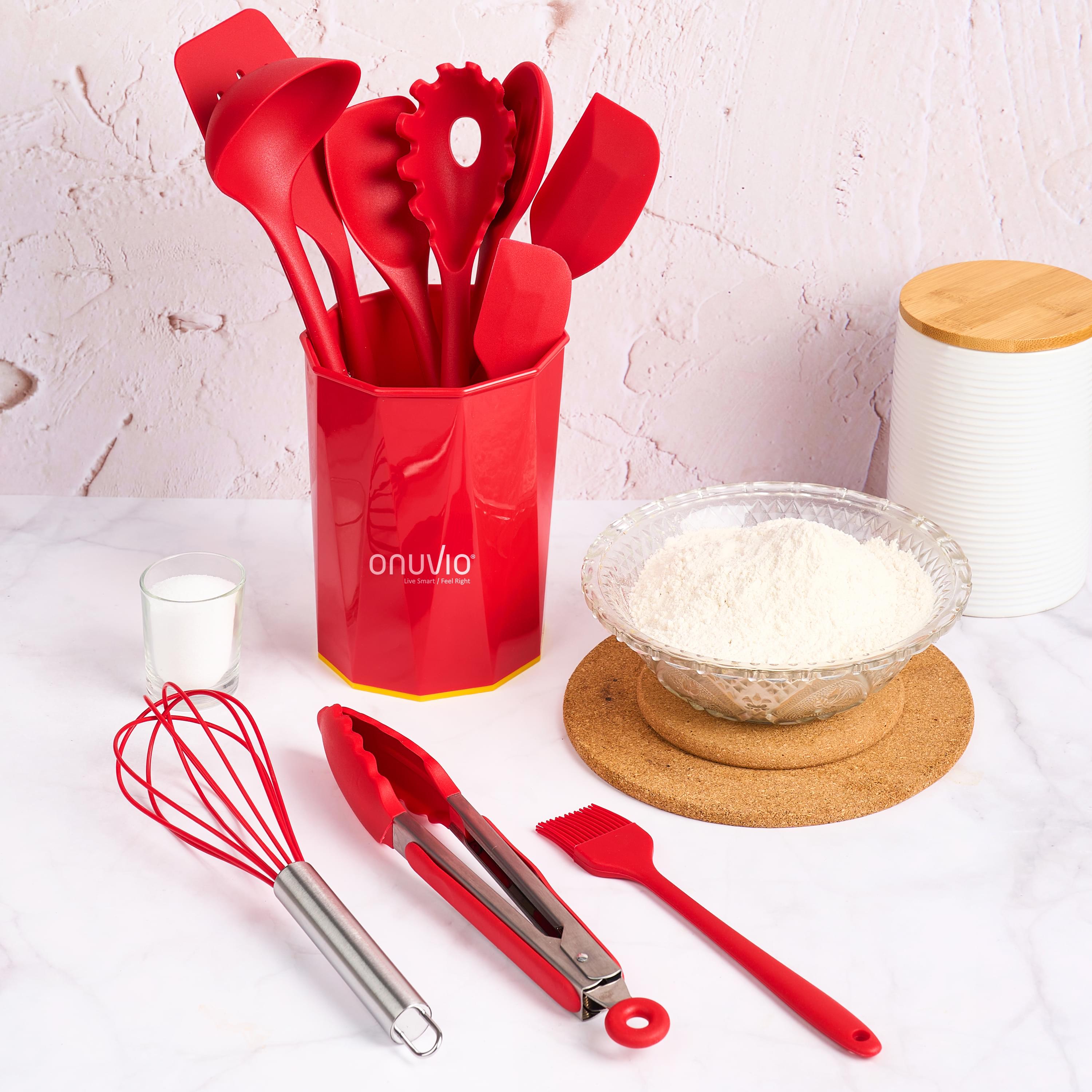 Set ustensile bucatarie 11 piese onuvio®, luxury silicon alimentar, suport blat, antiaderente, termorezistente, certificate institutul bioresurse alimentare - rosu