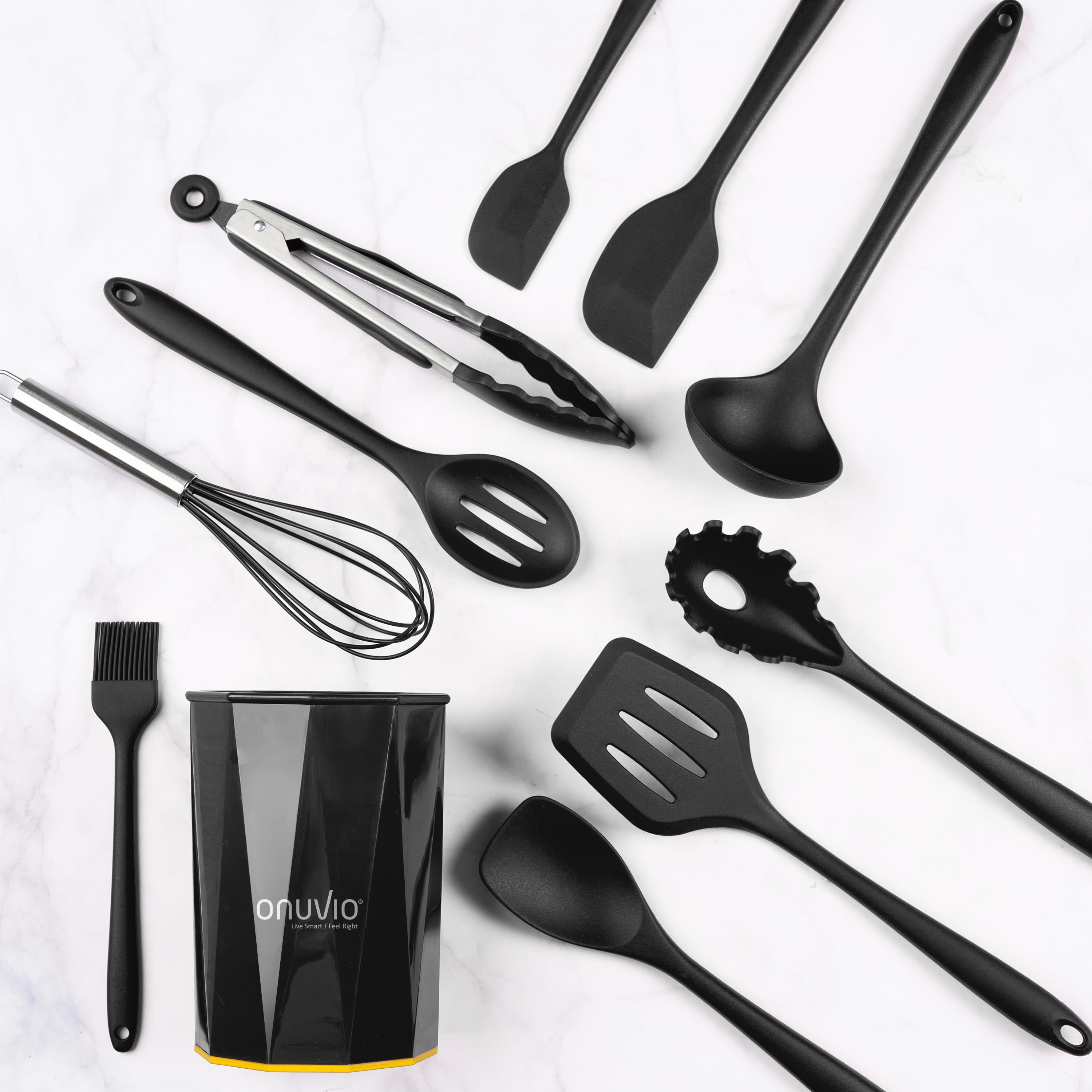 Set ustensile bucatarie 11 piese onuvio®, luxury silicon alimentar, suport blat, antiaderente, termorezistente, certificate institutul bioresurse alimentare - negru