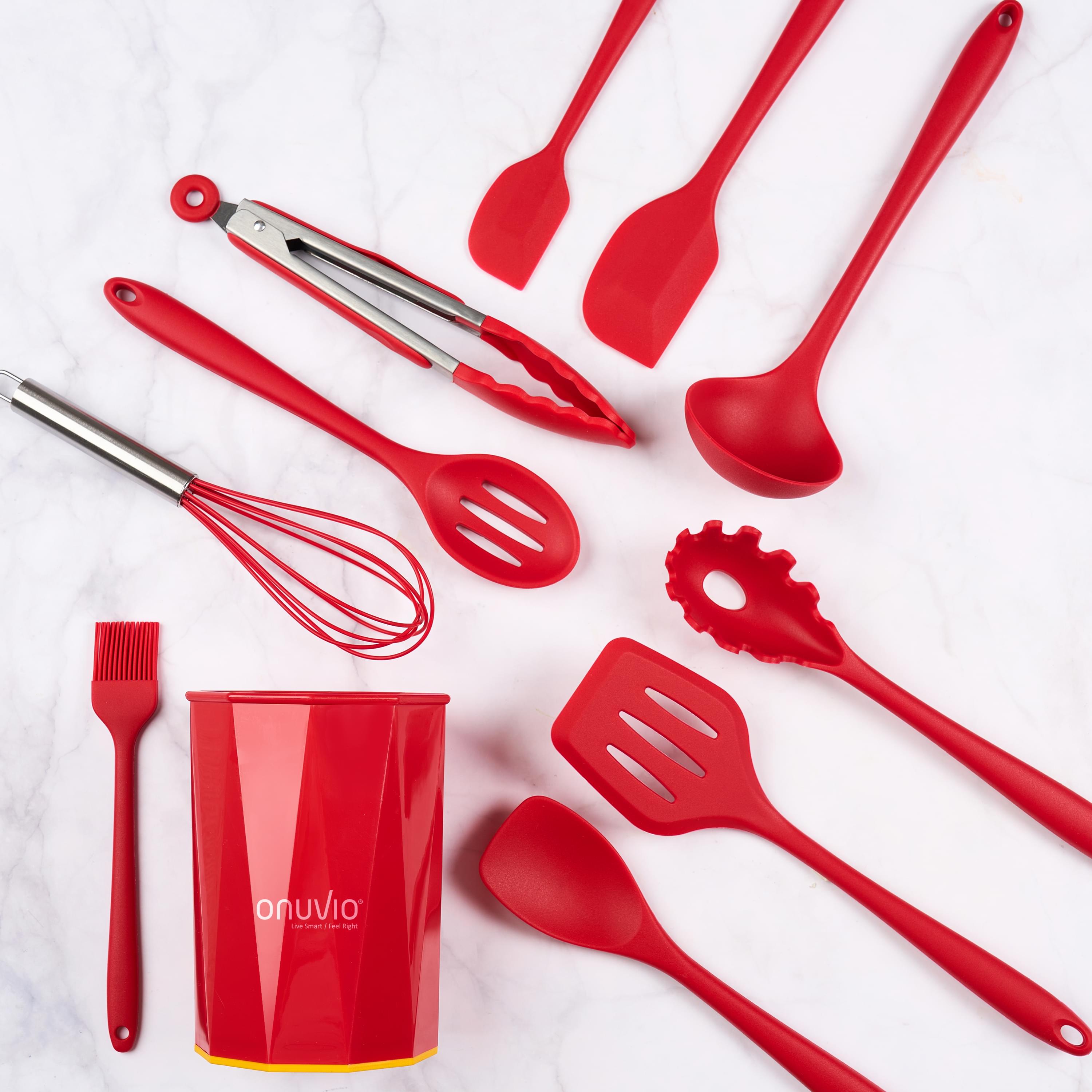 Set ustensile bucatarie 11 piese onuvio®, luxury silicon alimentar, suport blat, antiaderente, termorezistente, certificate institutul bioresurse alimentare - rosu