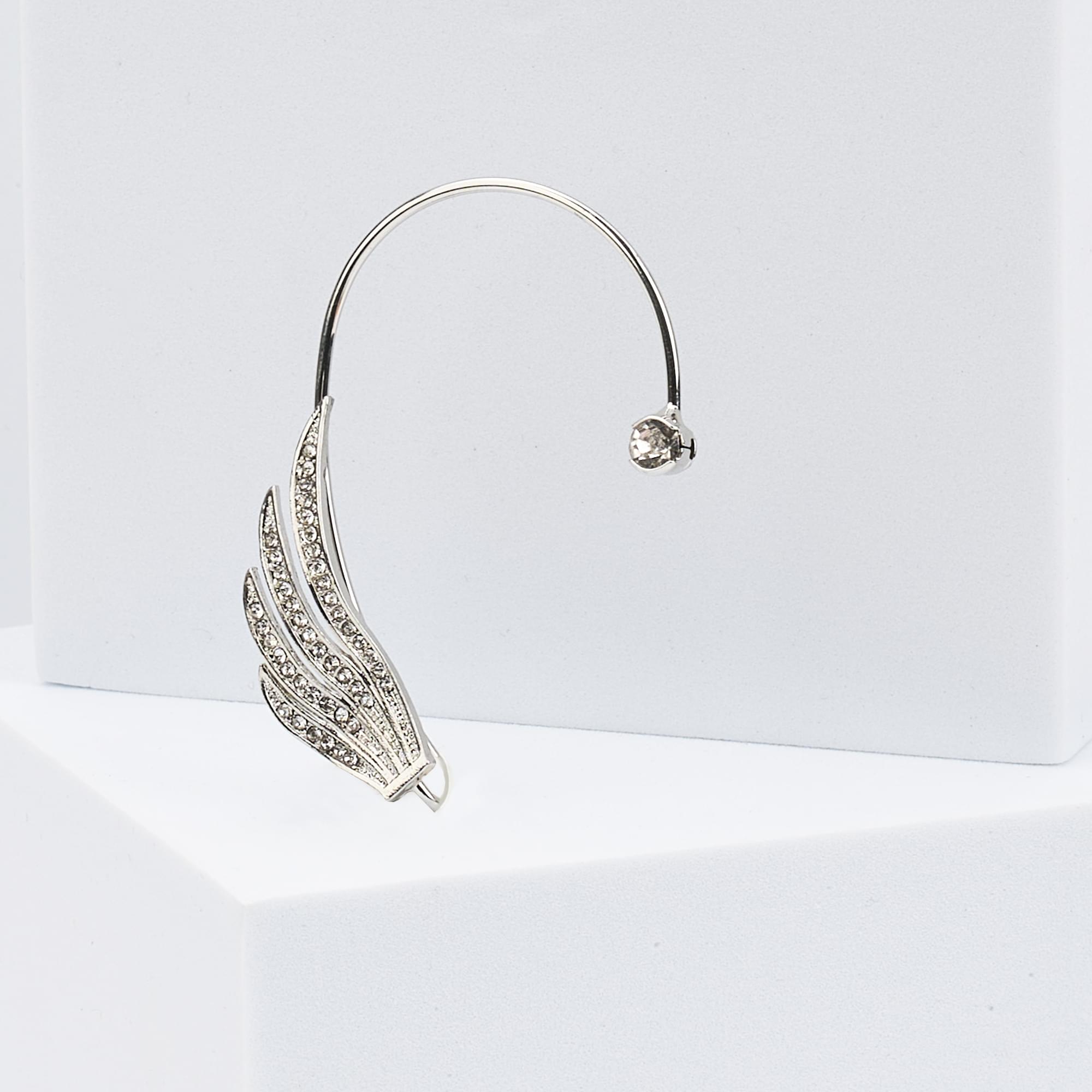 Cercel pentru toata urechea, elegant, tip ear cuff, lebada placata cu zirconiu ec4, onuvio®, argintiu - urechea dreapta