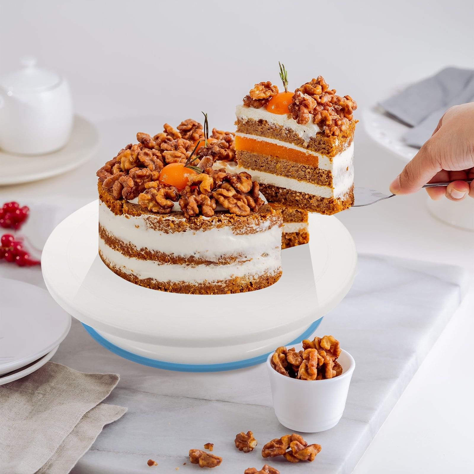 Platou rotativ ornare tort sau prajituri, onuvio®, margine antiderapanta din cauciuc, diametru 23/28cm, inaltime 7cm, alb