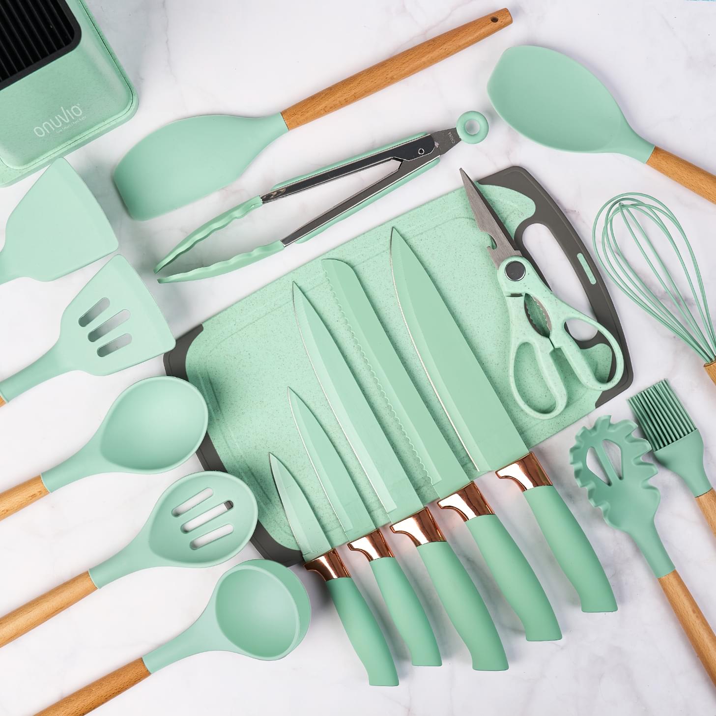Set ustensile bucatarie 19 piese lemn si silicon alimentar, cutite, tocator, termorezistente, antiaderente, suport blat,  onuvio™ fiona - verde menta