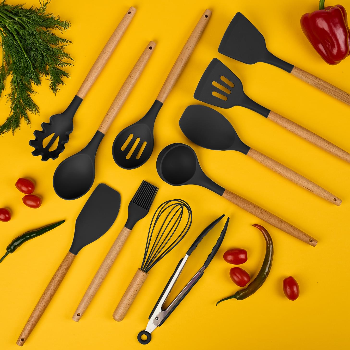 Set ustensile bucatarie 19 piese lemn si silicon alimentar, cutite, tocator, termorezistente, antiaderente, suport blat,  onuvio™ fiona - negru