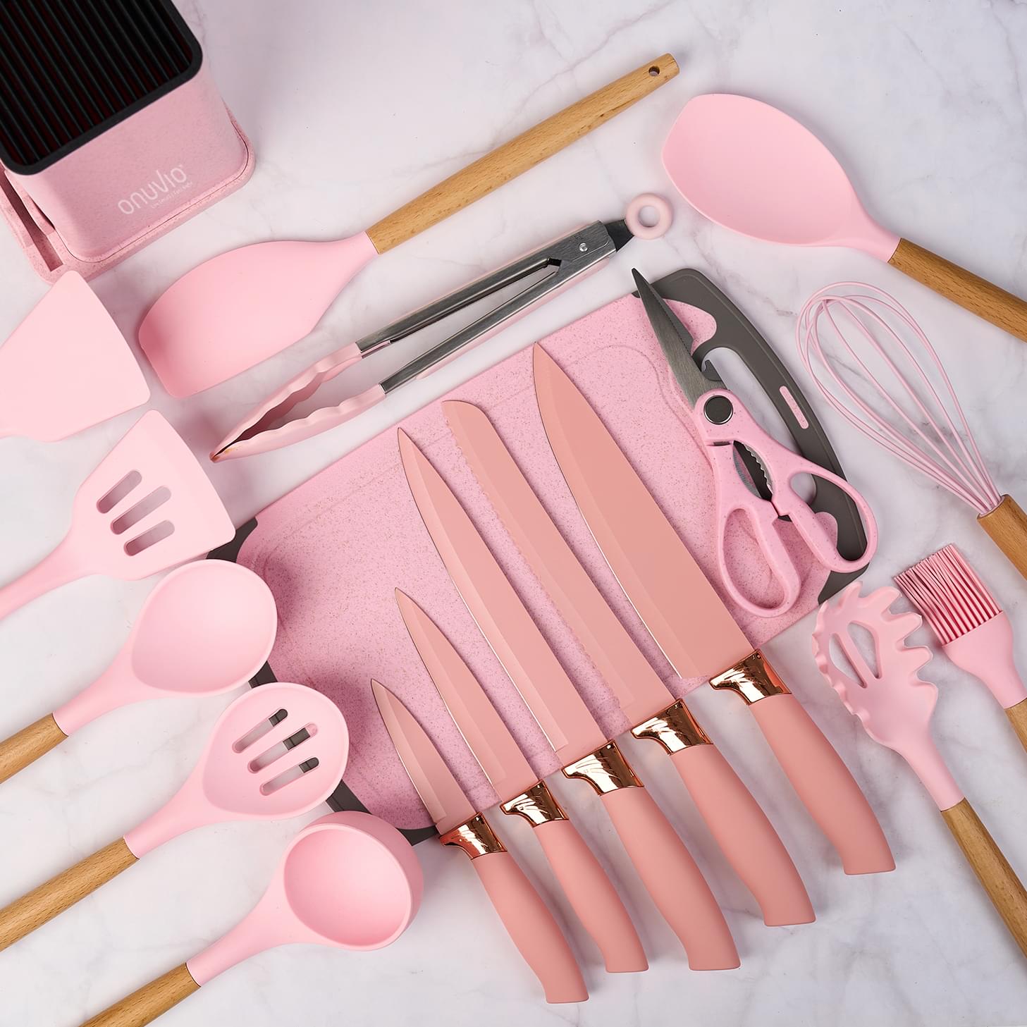 Set ustensile bucatarie 19 piese lemn si silicon alimentar, cutite, tocator, termorezistente, antiaderente, suport blat,  onuvio™ fiona - roz