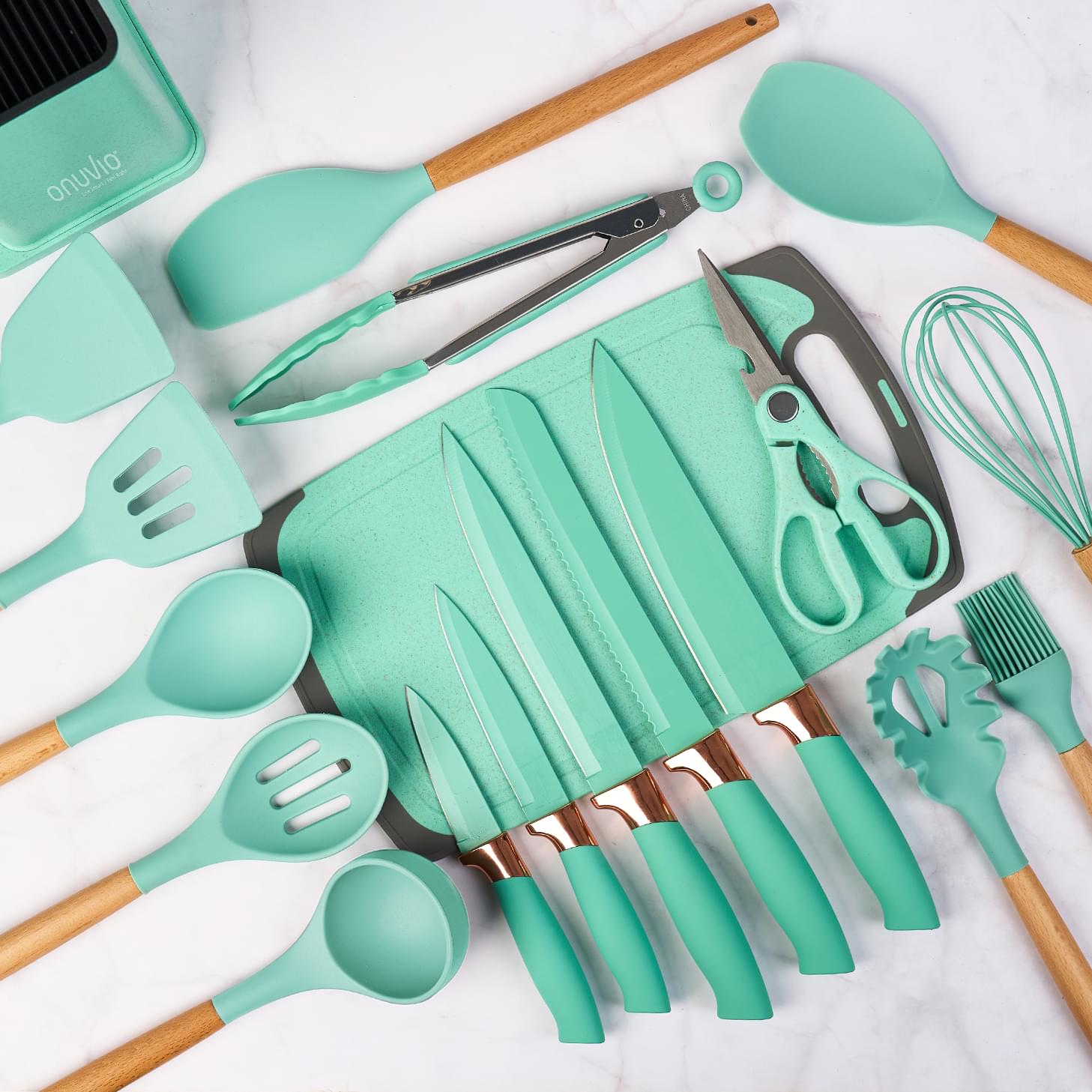 Set ustensile bucatarie 19 piese lemn si silicon alimentar, cutite, tocator, termorezistente, antiaderente, suport blat,  onuvio™ fiona - turcoaz