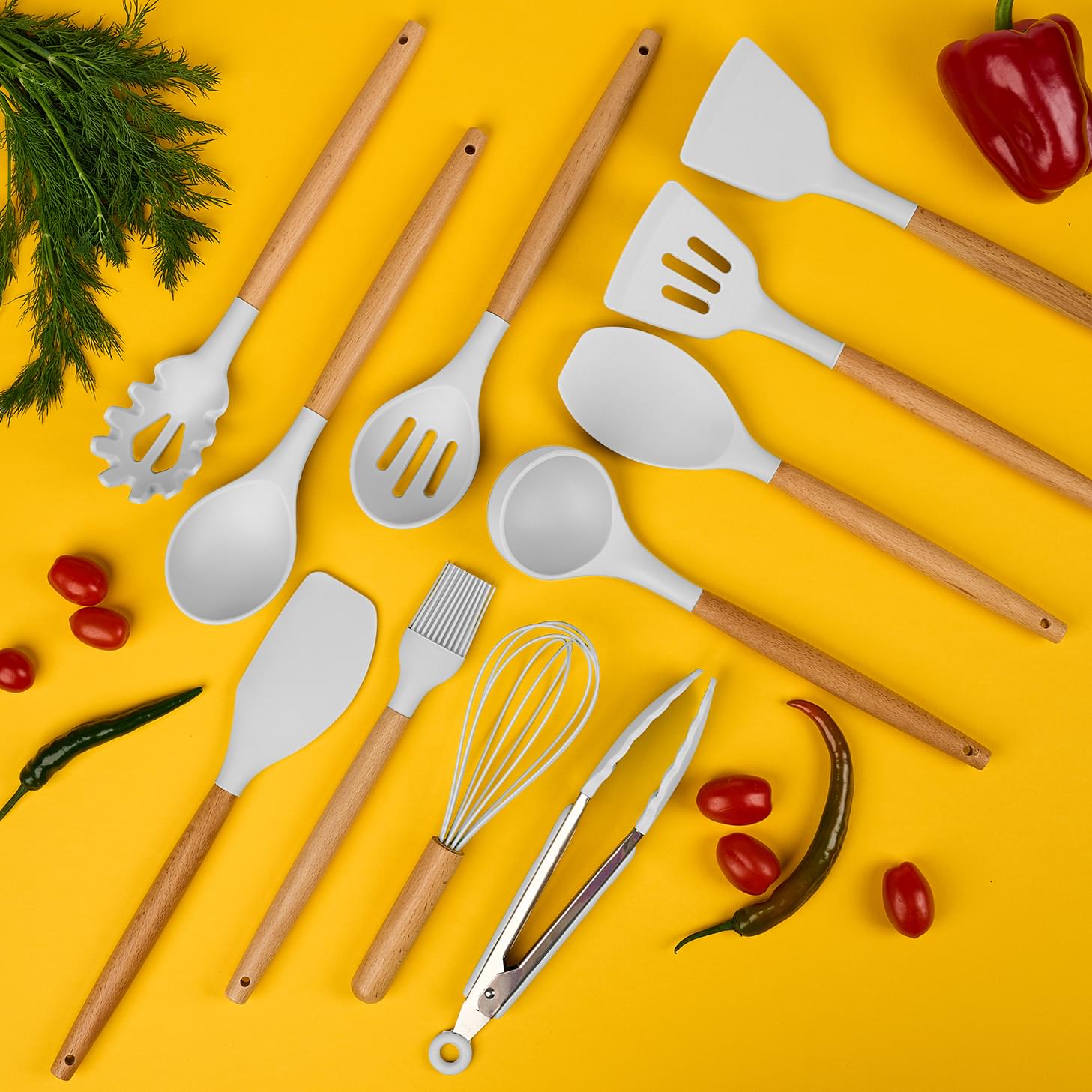 Set ustensile bucatarie 19 piese lemn si silicon alimentar, cutite, tocator, termorezistente, antiaderente, suport blat,  onuvio™ fiona - alb
