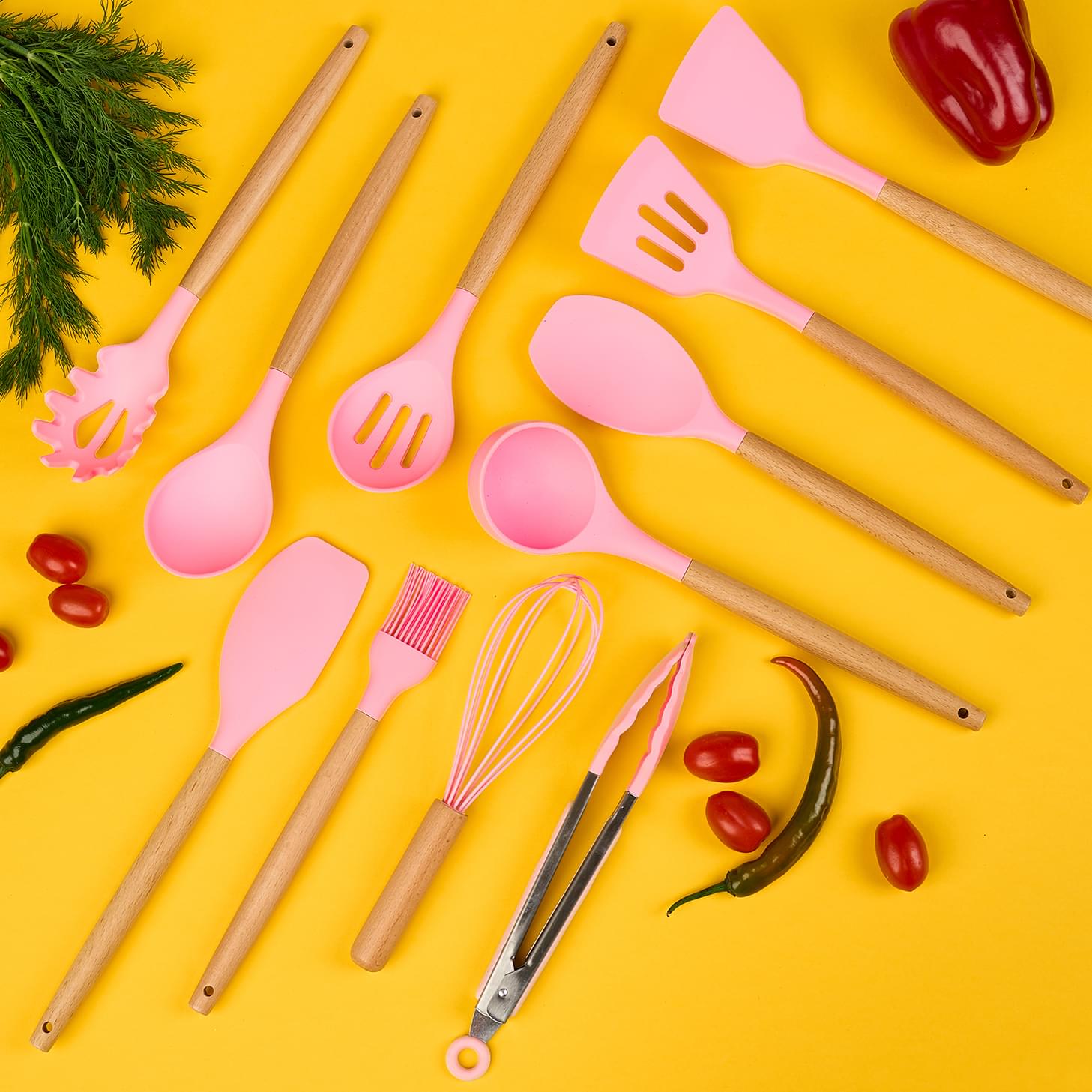 Set ustensile bucatarie 19 piese lemn si silicon alimentar, cutite, tocator, termorezistente, antiaderente, suport blat,  onuvio™ fiona - roz
