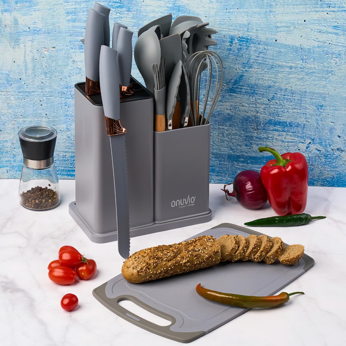Set ustensile bucatarie 19 piese lemn si silicon alimentar, cutite, tocator, termorezistente, antiaderente, suport blat,  onuvio™ fiona - gri