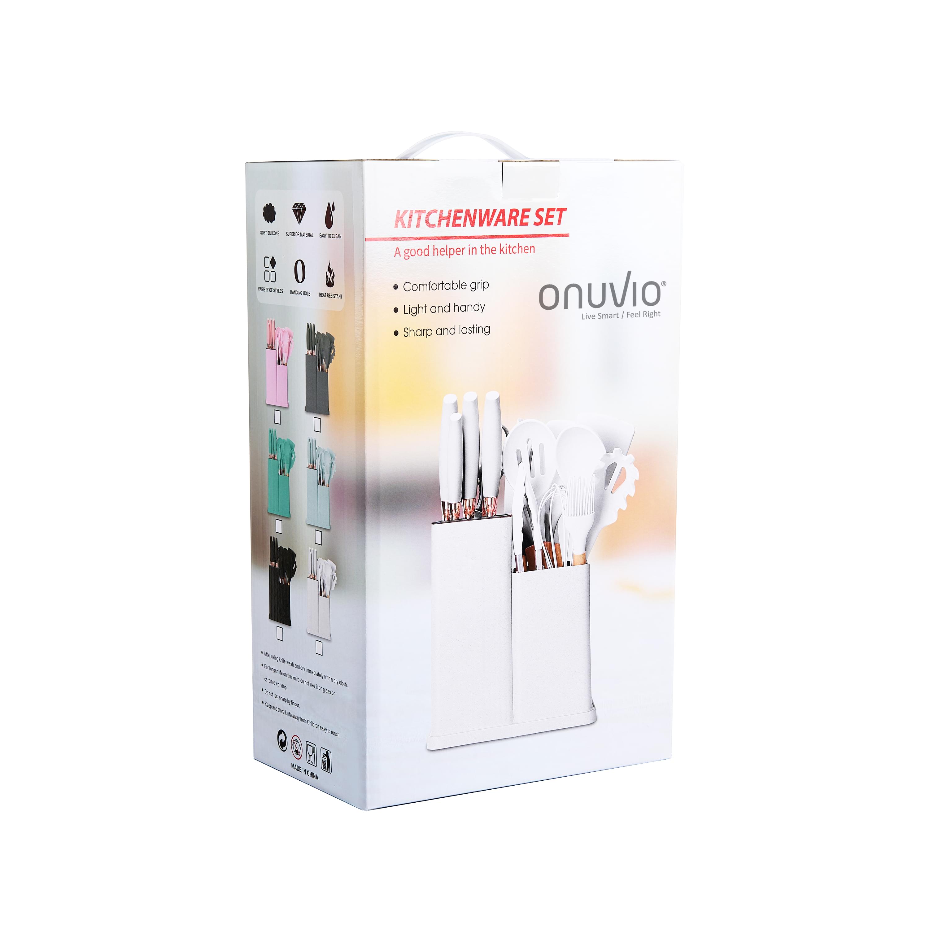 Set ustensile bucatarie 19 piese lemn si silicon alimentar, cutite, tocator, termorezistente, antiaderente, suport blat,  onuvio™ fiona - alb