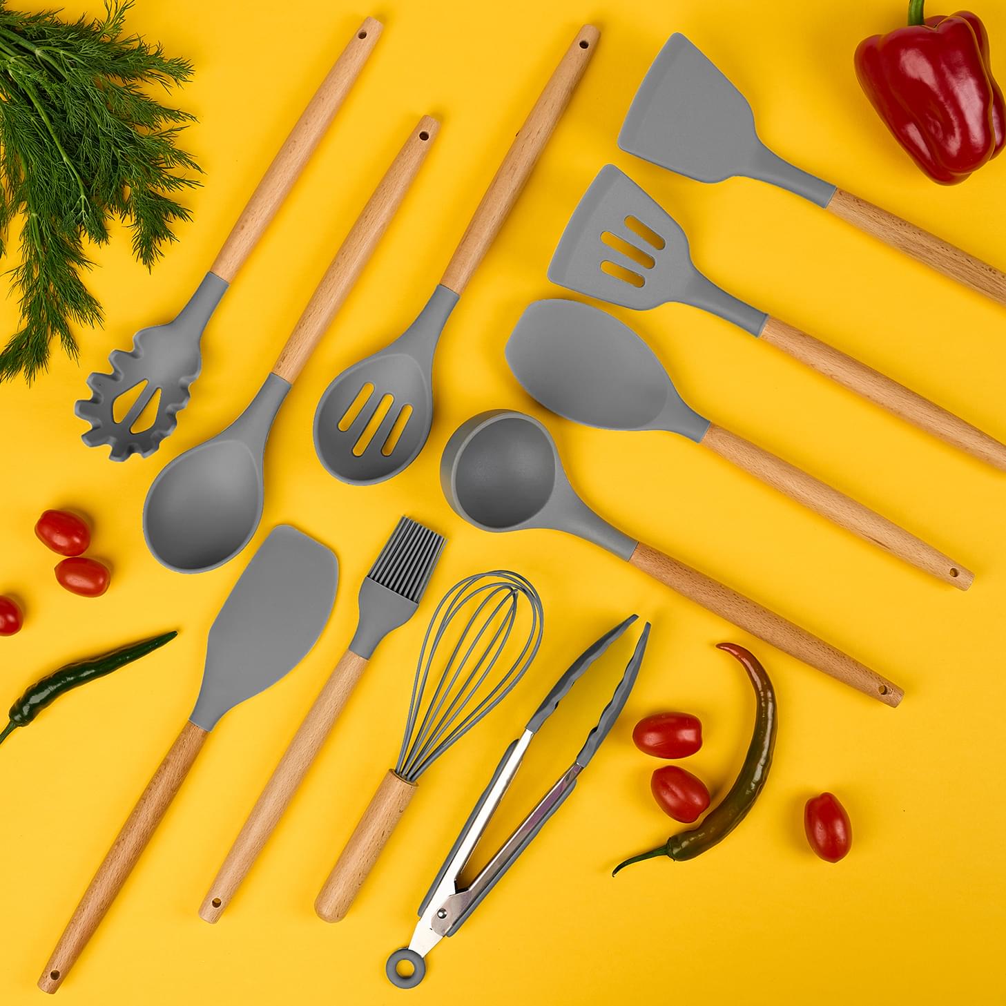 Set ustensile bucatarie 19 piese lemn si silicon alimentar, cutite, tocator, termorezistente, antiaderente, suport blat,  onuvio™ fiona - gri