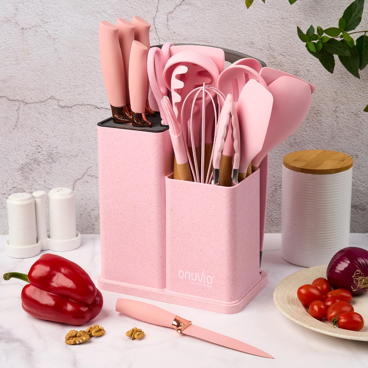 Set ustensile bucatarie 19 piese lemn si silicon alimentar, cutite, tocator, termorezistente, antiaderente, suport blat,  onuvio™ fiona - roz