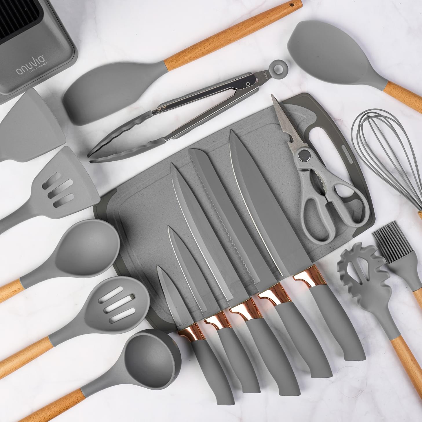 Set ustensile bucatarie 19 piese lemn si silicon alimentar, cutite, tocator, termorezistente, antiaderente, suport blat,  onuvio™ fiona - gri