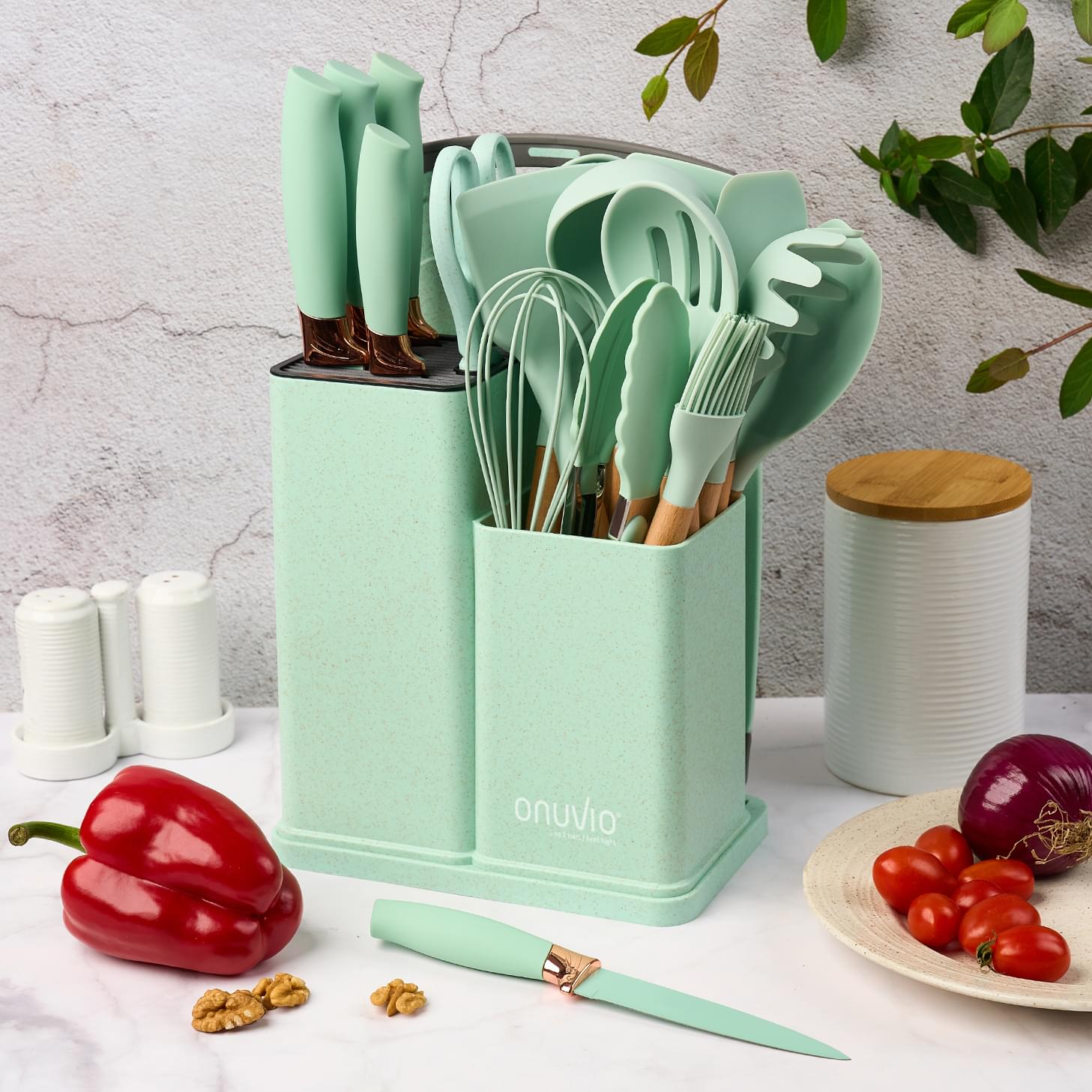 Set ustensile bucatarie 19 piese lemn si silicon alimentar, cutite, tocator, termorezistente, antiaderente, suport blat,  onuvio™ fiona - verde menta