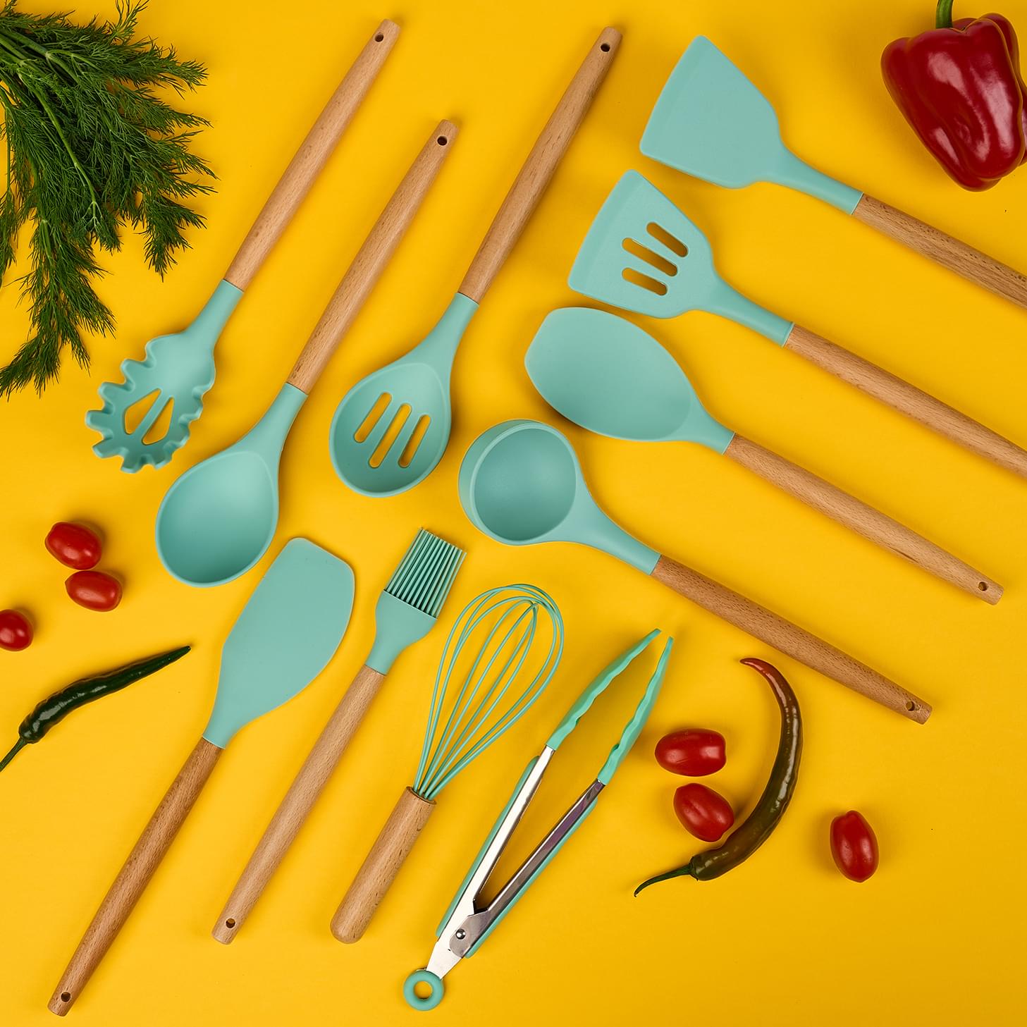 Set ustensile bucatarie 19 piese lemn si silicon alimentar, cutite, tocator, termorezistente, antiaderente, suport blat,  onuvio™ fiona - turcoaz