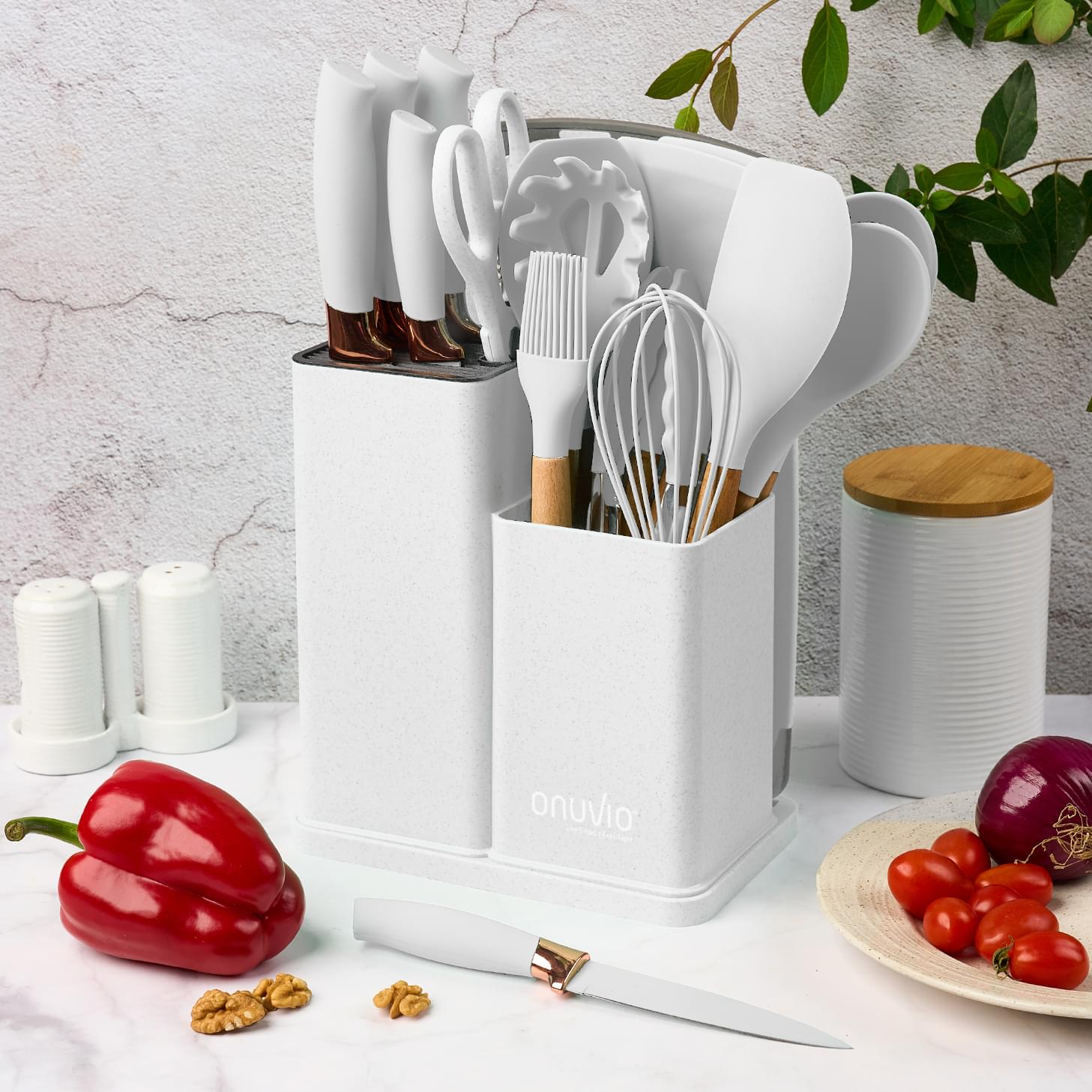 Set ustensile bucatarie 19 piese lemn si silicon alimentar, cutite, tocator, termorezistente, antiaderente, suport blat,  onuvio™ fiona - alb