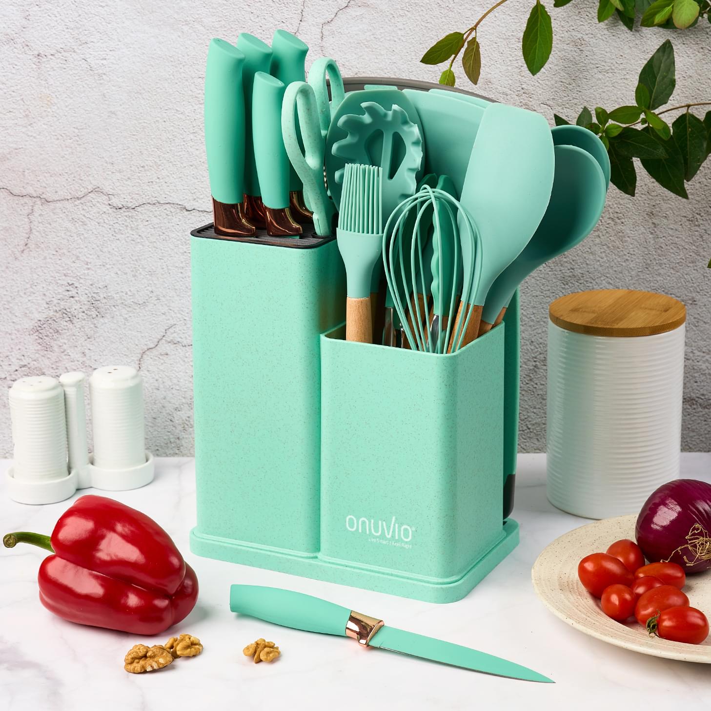 Set ustensile bucatarie 19 piese lemn si silicon alimentar, cutite, tocator, termorezistente, antiaderente, suport blat,  onuvio™ fiona - turcoaz