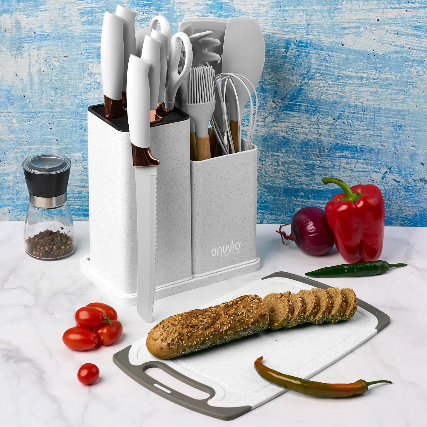 Set ustensile bucatarie 19 piese lemn si silicon alimentar, cutite, tocator, termorezistente, antiaderente, suport blat,  onuvio™ fiona - alb