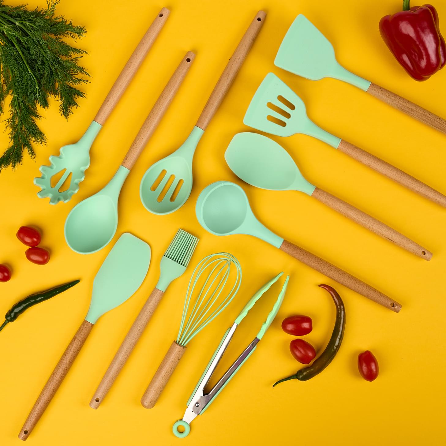 Set ustensile bucatarie 19 piese lemn si silicon alimentar, cutite, tocator, termorezistente, antiaderente, suport blat,  onuvio™ fiona - verde menta