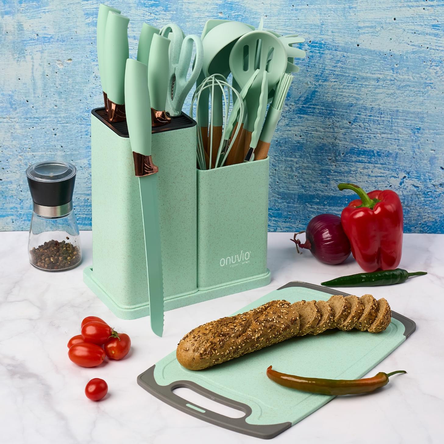 Set ustensile bucatarie 19 piese lemn si silicon alimentar, cutite, tocator, termorezistente, antiaderente, suport blat,  onuvio™ fiona - verde menta
