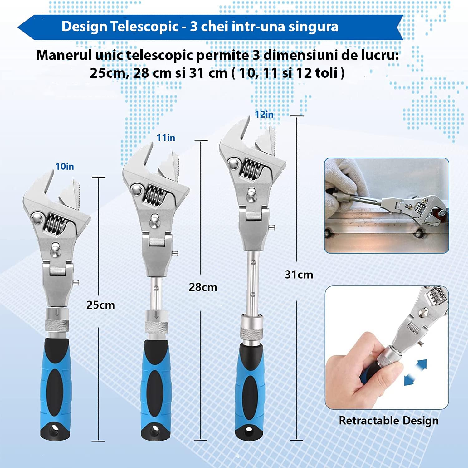 Cheie universala ajustabila tip franceza sau mops, cu cap rabatabil 180 grade, cu clichet, extensibila 25cm-31cm,crom molibden,  onuvio®