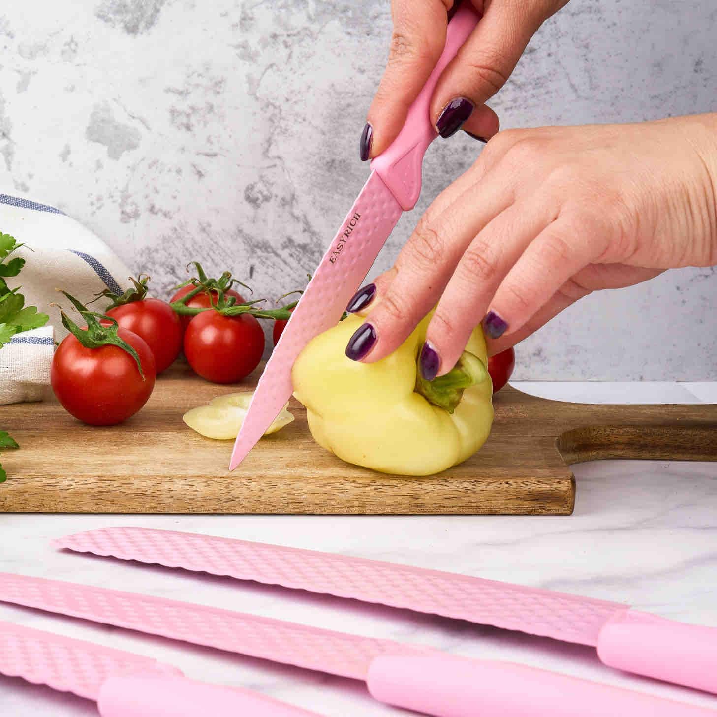 Set cuțite onuvio®, 6 piese, extrem de ascutite, folosire zilnica  include satar, cuțit santoku , cuțit chef, cuțit pentru legume și fructe,foarfeca, dispozitiv ascutit, roz