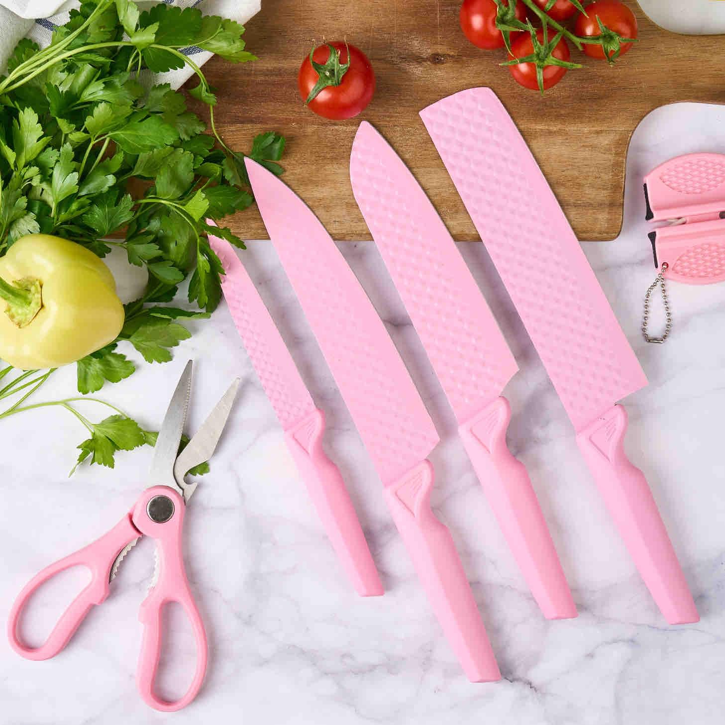 Set cuțite onuvio®, 6 piese, extrem de ascutite, folosire zilnica  include satar, cuțit santoku , cuțit chef, cuțit pentru legume și fructe,foarfeca, dispozitiv ascutit, roz