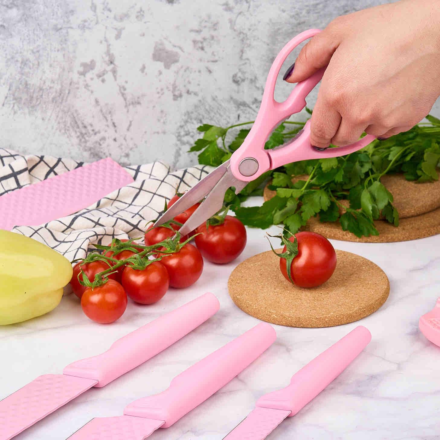 Set cuțite onuvio®, 6 piese, extrem de ascutite, folosire zilnica  include satar, cuțit santoku , cuțit chef, cuțit pentru legume și fructe,foarfeca, dispozitiv ascutit, roz