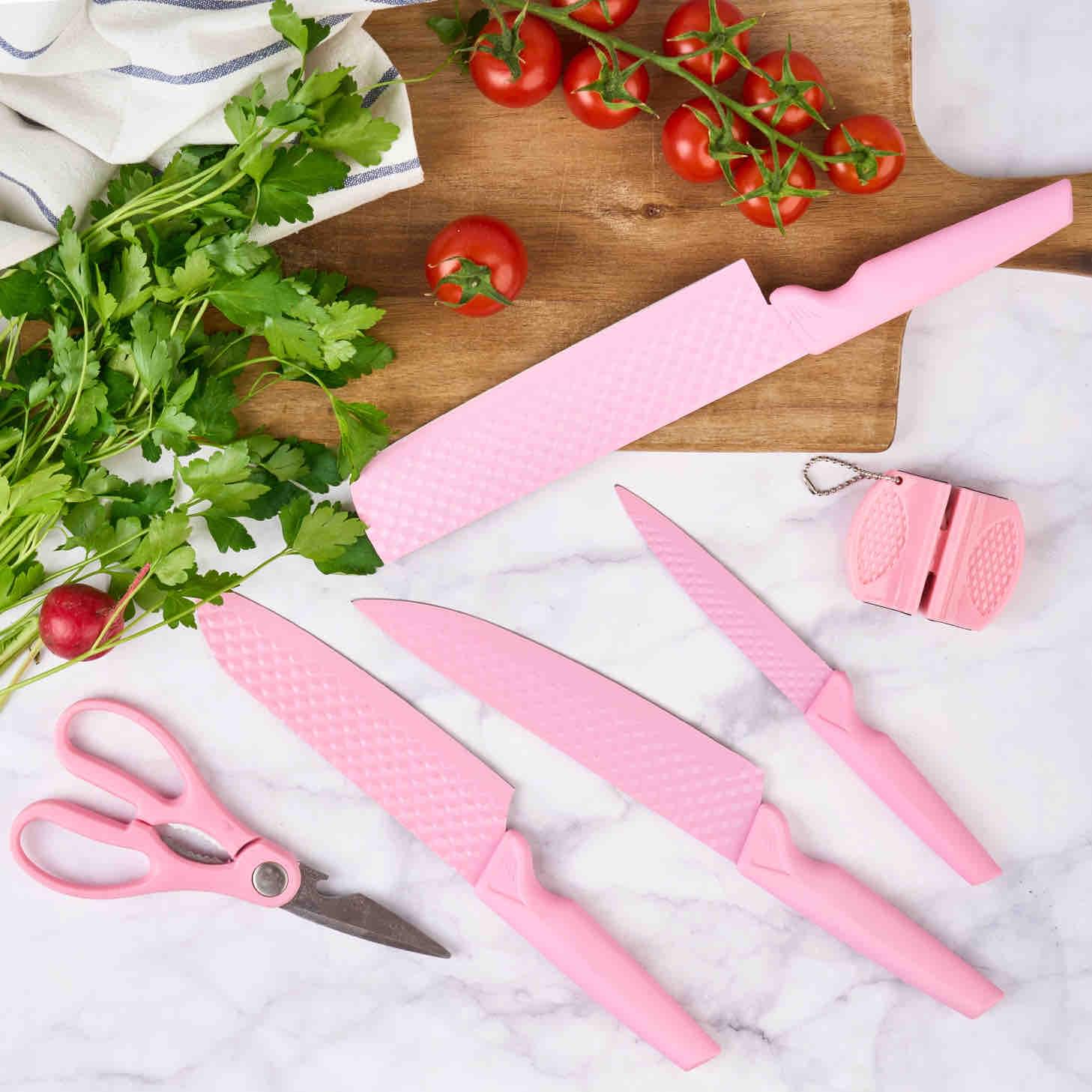 Set cuțite onuvio®, 6 piese, extrem de ascutite, folosire zilnica  include satar, cuțit santoku , cuțit chef, cuțit pentru legume și fructe,foarfeca, dispozitiv ascutit, roz