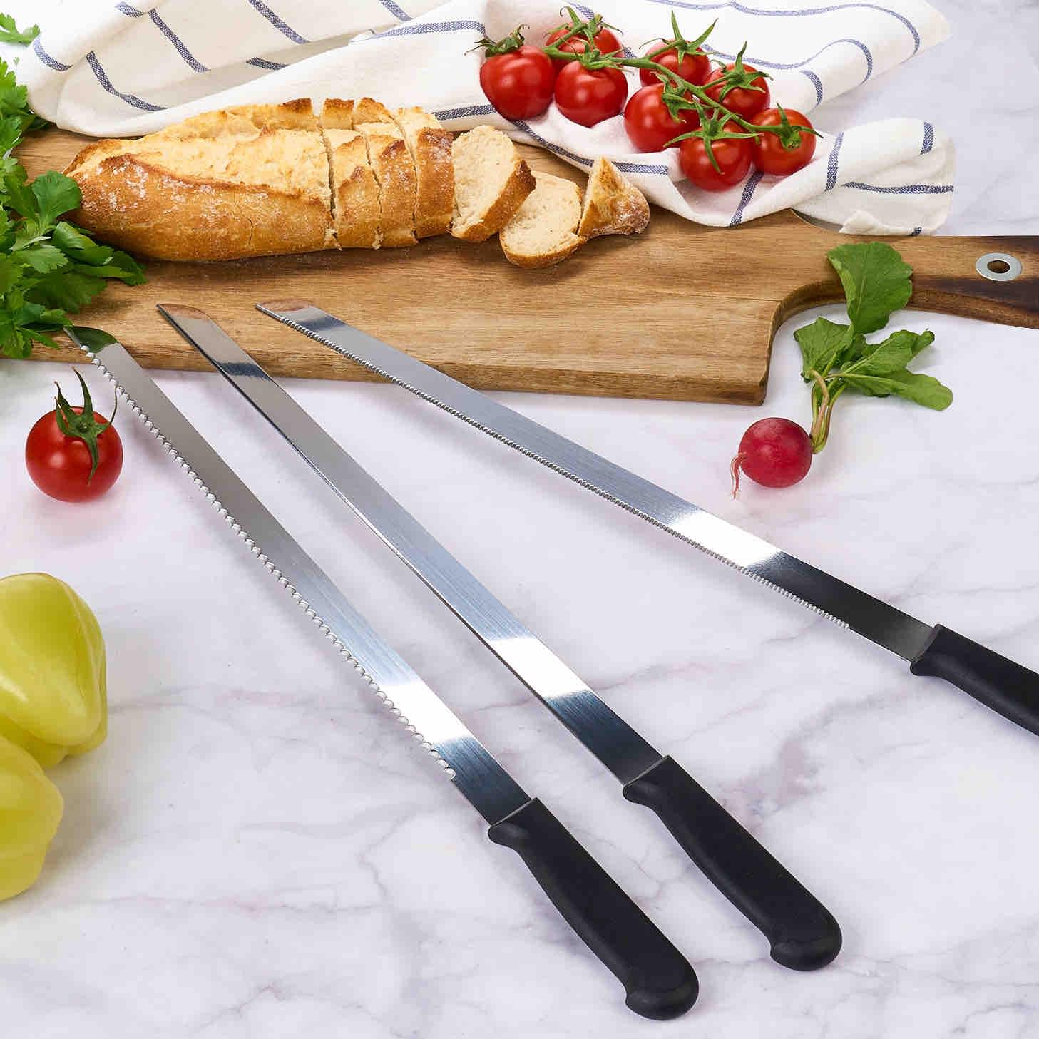 Set 3 cutite profesionale lungime mare 46 cm pentru cofetarie si patiserie, ghidaj pentru taiat blat tort, onuvio®
