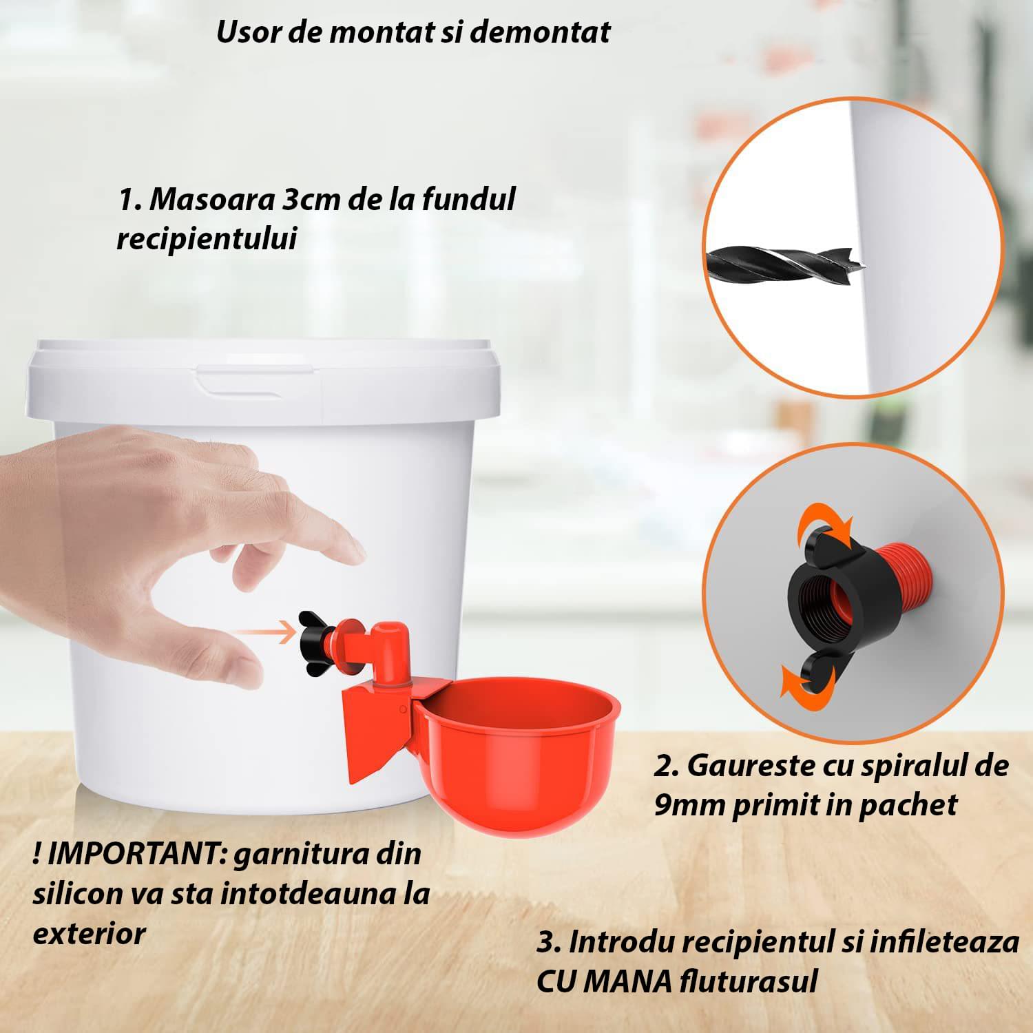 Set de 9 adapatoare automate pentru pasari mici de curte: rate, gaste, bibilici, pui, gaini si curci - inclusiv spiral de gaurire 9mm pentru montaj, onuvio®