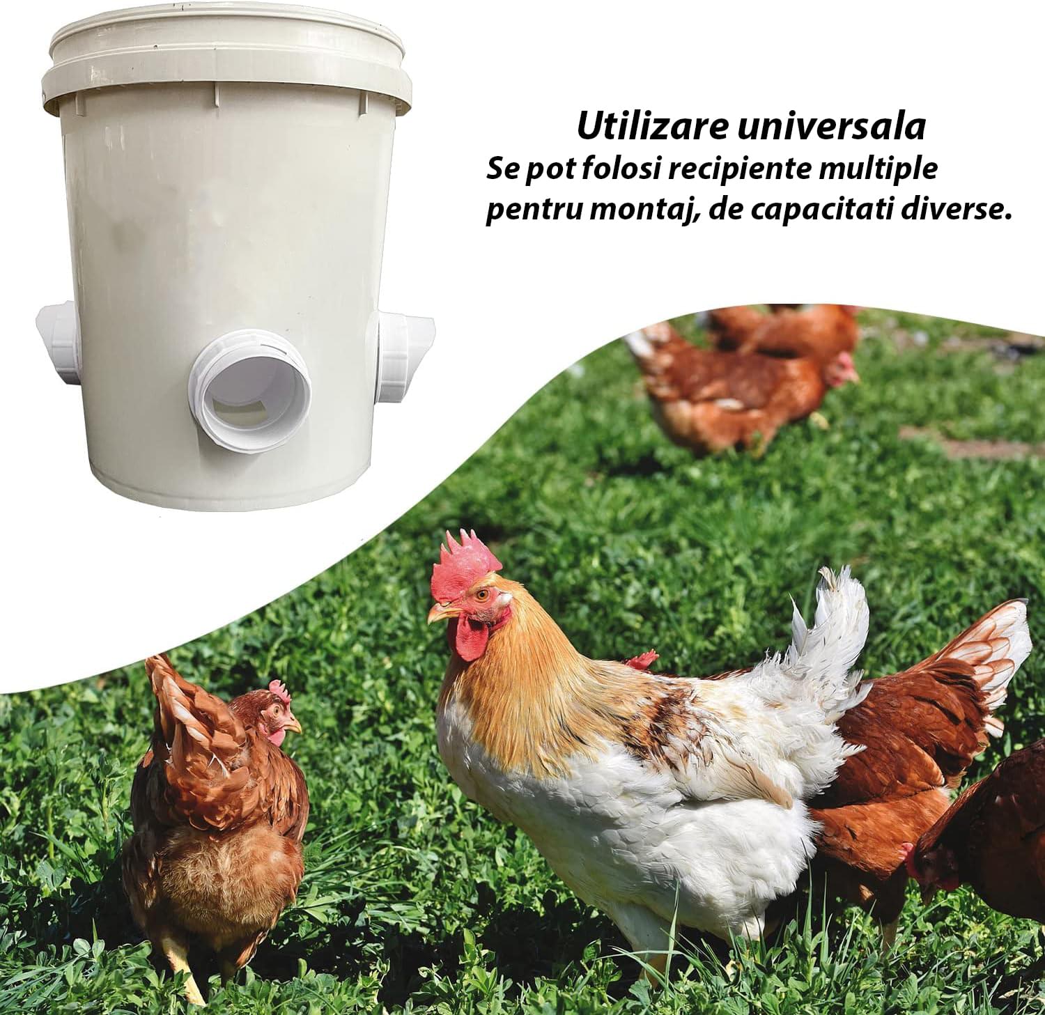 Hranitoare pentru pasari de curte - set 4 guri hranire, carota gaurire inclusa - anti-risipă, antiumezeală și protecție împotriva insectelor și rozătoarelor
