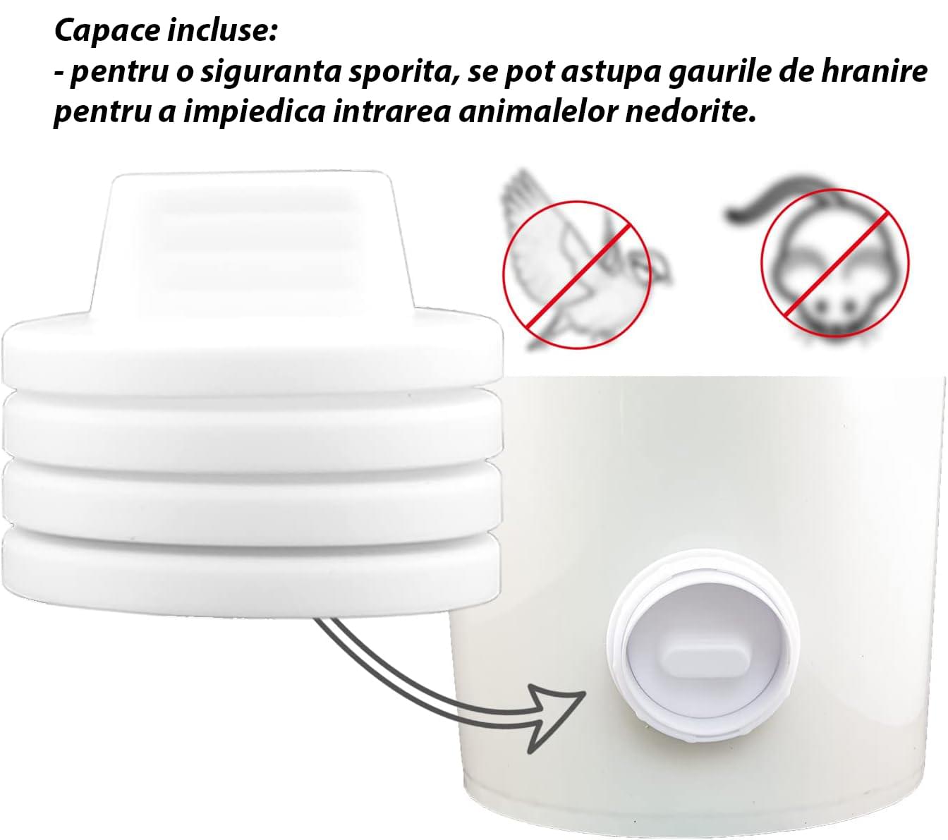 Hranitoare pentru pasari de curte - set 4 guri hranire, carota gaurire inclusa - anti-risipă, antiumezeală și protecție împotriva insectelor și rozătoarelor