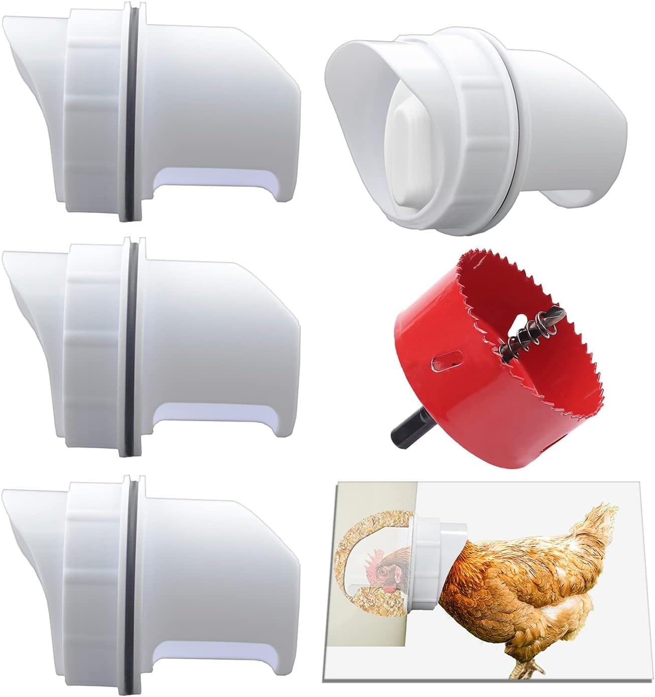 Hranitoare pentru pasari de curte - set 4 guri hranire, carota gaurire inclusa - anti-risipă, antiumezeală și protecție împotriva insectelor și rozătoarelor