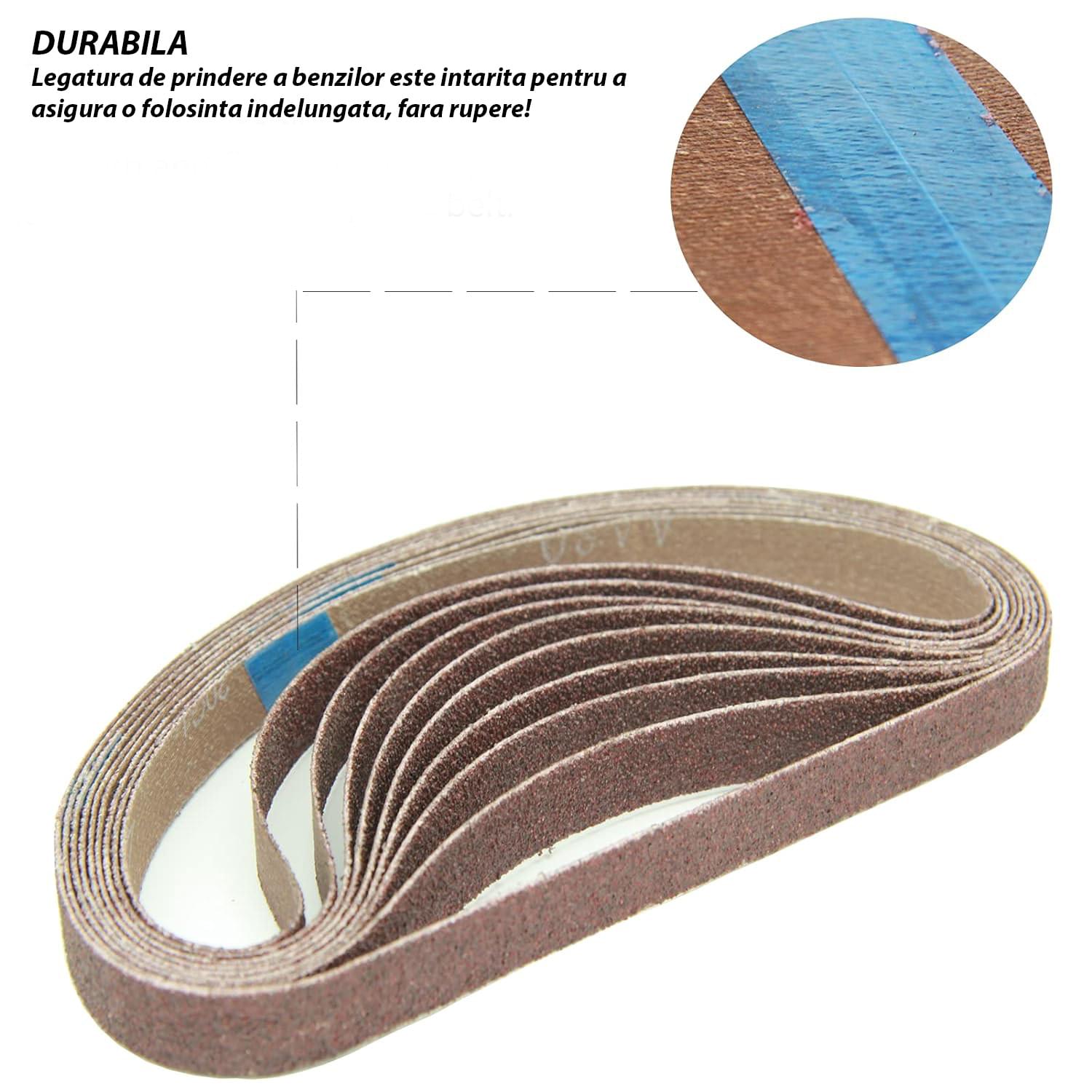 Set 10 benzi abrazive continue, tip curea pentru adaptor slefuitor cu banda, granulatie p80, 255x20mm, onuvio®