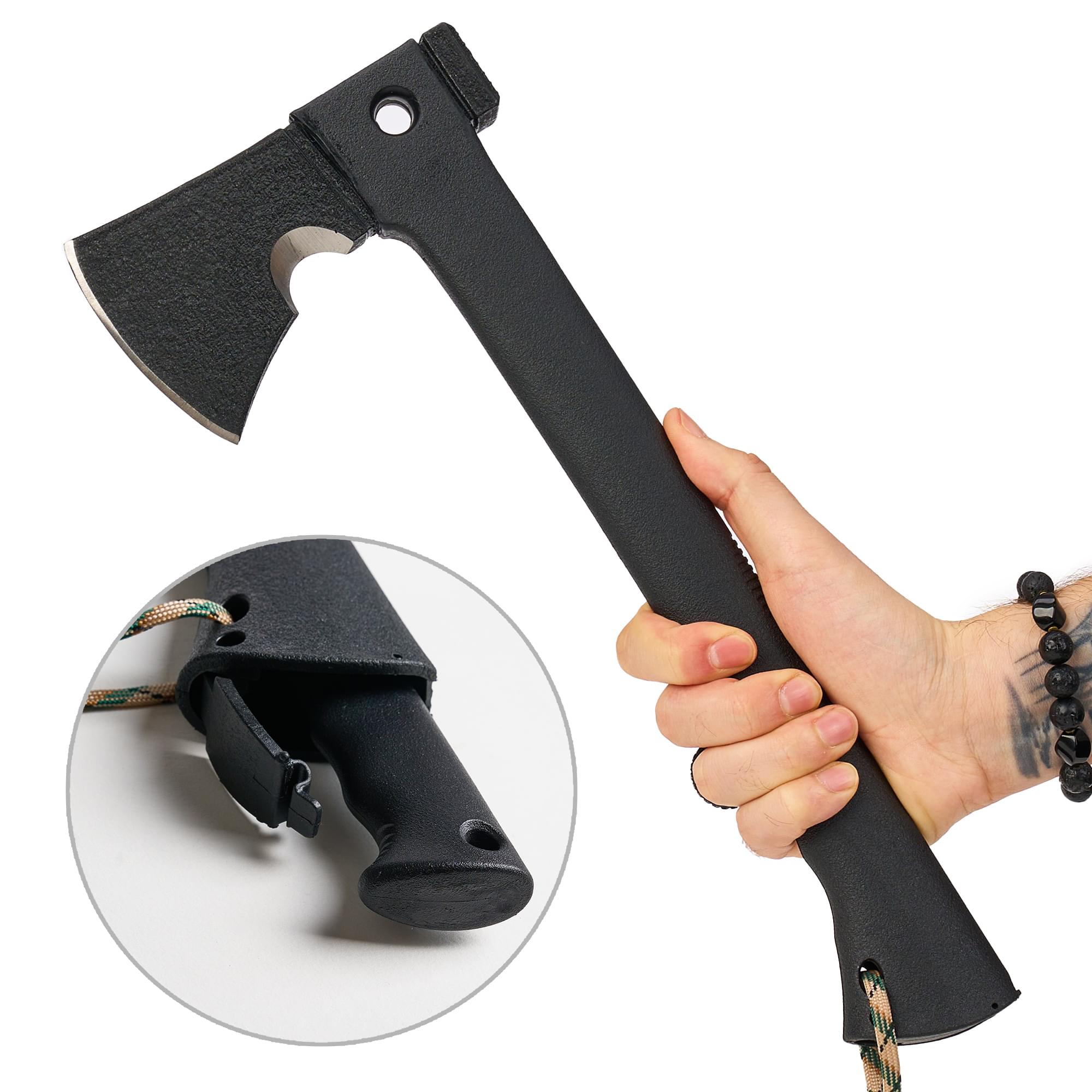 Topor supravietuire onuvio®, multifunctional, maner din compozit, cremene pentru foc, cutit surpavietuire cu lama zimtata, fluier, suport centura
