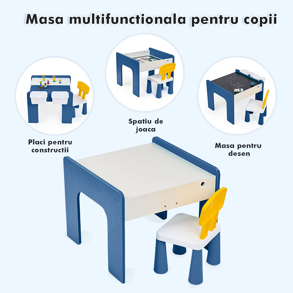 Măsuță multifuncțională pentru copii, folosita la activitati creative, construit modular cu blocuri, depozitare, desenat, colorat, din lemn mdf, scaun inclus, 57x57x45, 3-6 ani, onuvio® - albastru inchis