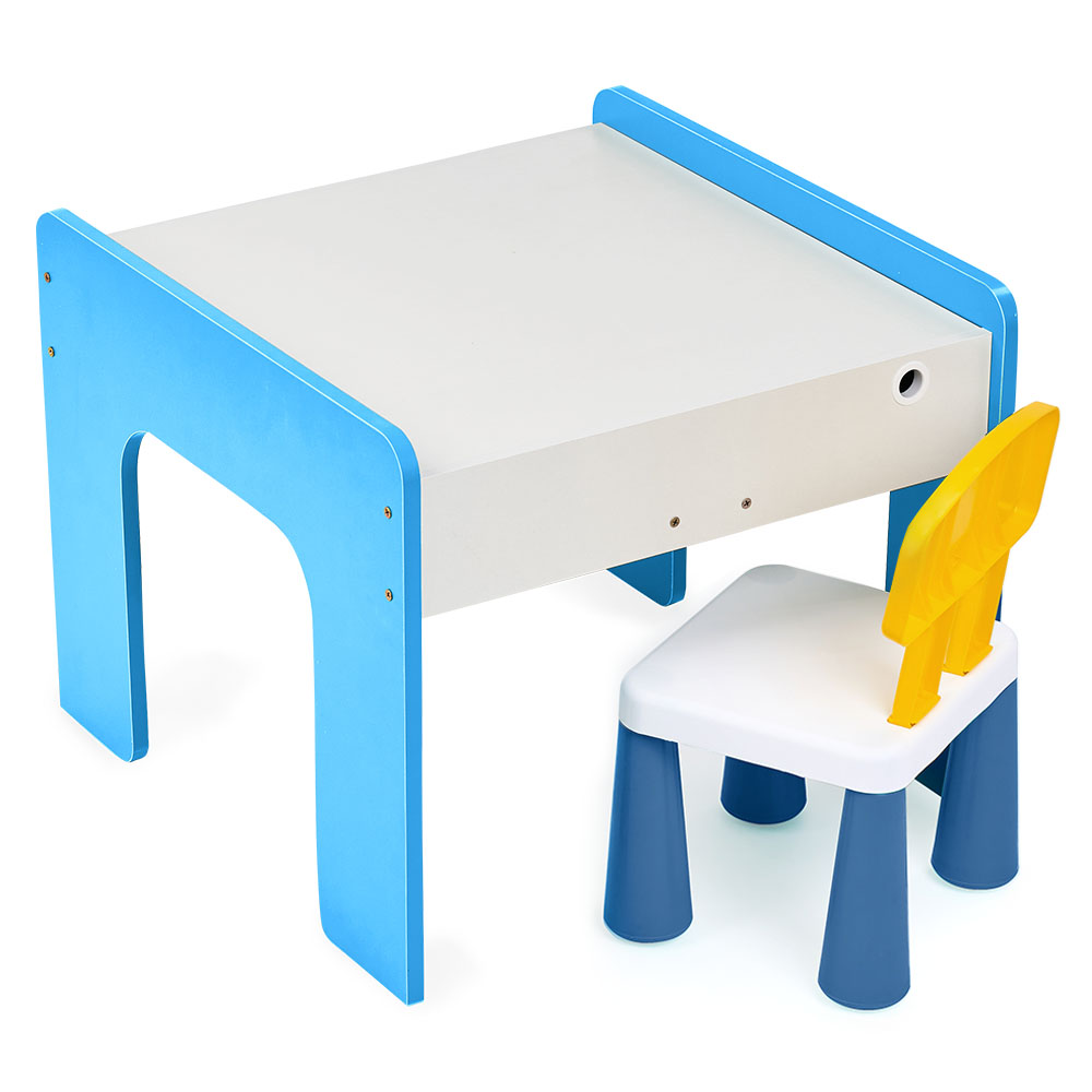 Măsuță multifuncțională pentru copii, folosita la activitati creative, construit modular cu blocuri, depozitare, desenat, colorat, din lemn mdf, scaun inclus, 57x57x45, 3-6 ani, onuvio® - albastru deschis