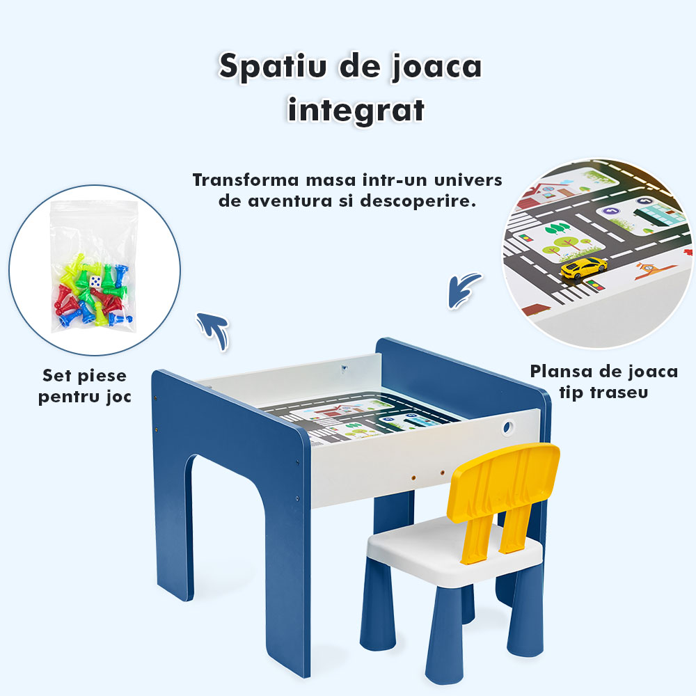 Măsuță multifuncțională pentru copii, folosita la activitati creative, construit modular cu blocuri, depozitare, desenat, colorat, din lemn mdf, scaun inclus, 57x57x45, 3-6 ani, onuvio® - albastru inchis