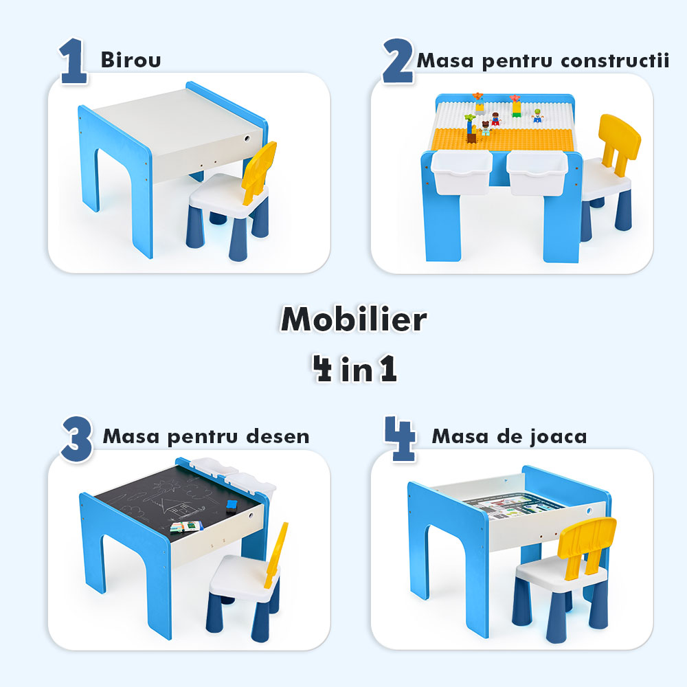 Măsuță multifuncțională pentru copii, folosita la activitati creative, construit modular cu blocuri, depozitare, desenat, colorat, din lemn mdf, scaun inclus, 57x57x45, 3-6 ani, onuvio® - albastru deschis