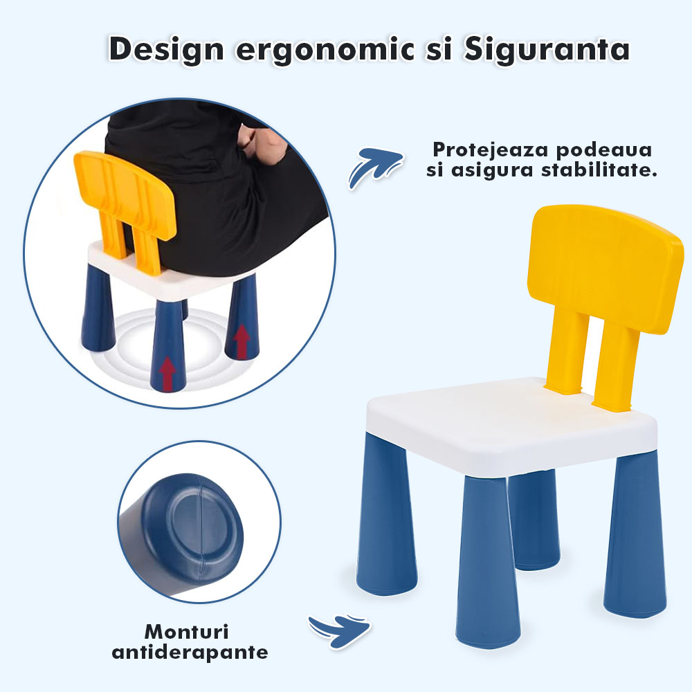 Măsuță multifuncțională pentru copii, folosita la activitati creative, construit modular cu blocuri, depozitare, desenat, colorat, din lemn mdf, scaun inclus, 57x57x45, 3-6 ani, onuvio® - galben