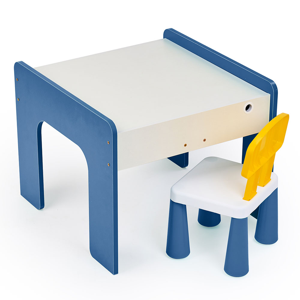 Măsuță multifuncțională pentru copii, folosita la activitati creative, construit modular cu blocuri, depozitare, desenat, colorat, din lemn mdf, scaun inclus, 57x57x45, 3-6 ani, onuvio® - albastru inchis