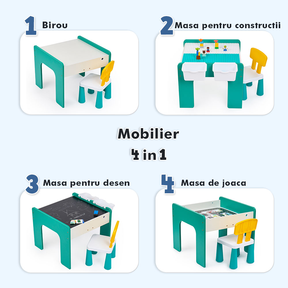 Măsuță multifuncțională pentru copii, folosita la activitati creative, construit modular cu blocuri, depozitare, desenat, colorat, din lemn mdf, scaun inclus, 57x57x45, 3-6 ani, onuvio® - verde