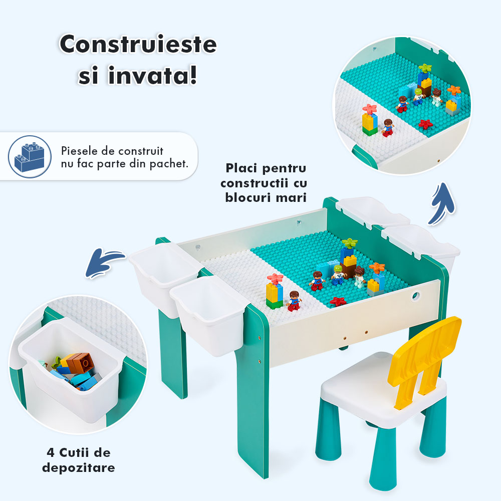 Măsuță multifuncțională pentru copii, folosita la activitati creative, construit modular cu blocuri, depozitare, desenat, colorat, din lemn mdf, scaun inclus, 57x57x45, 3-6 ani, onuvio® - verde