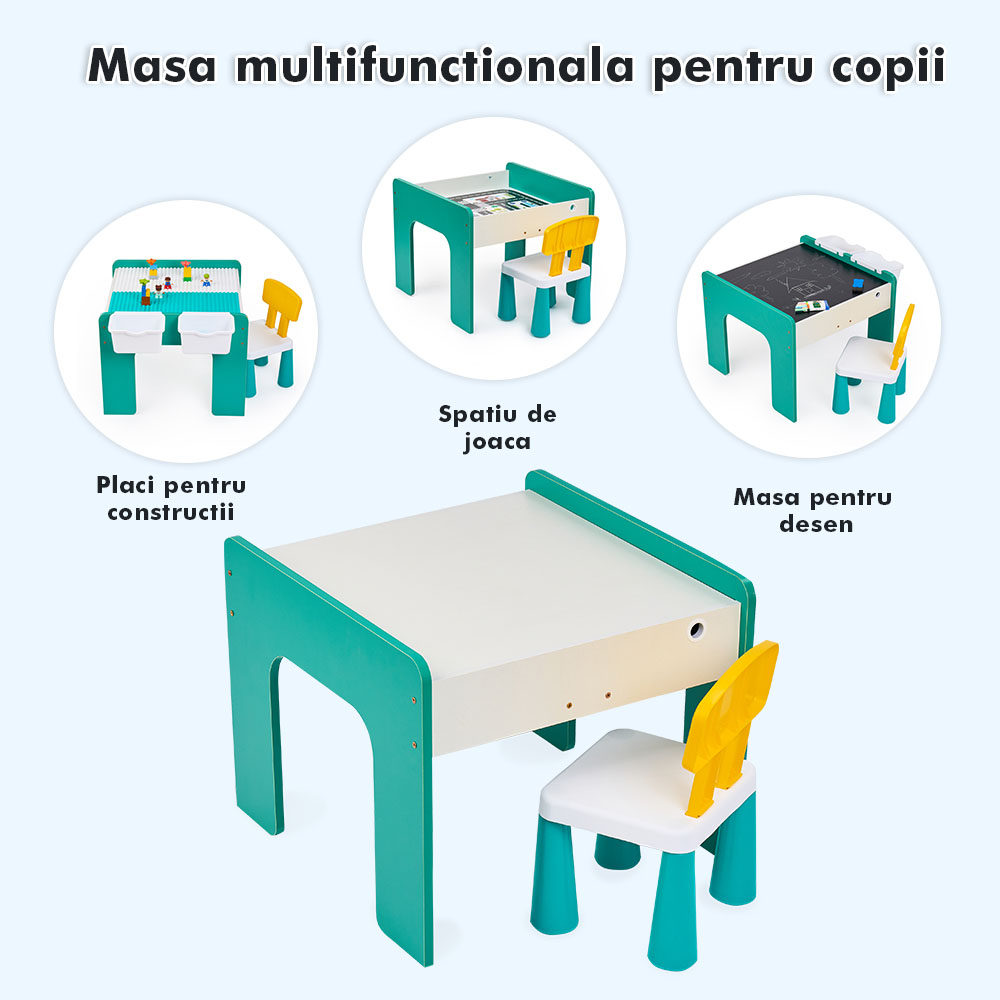Măsuță multifuncțională pentru copii, folosita la activitati creative, construit modular cu blocuri, depozitare, desenat, colorat, din lemn mdf, scaun inclus, 57x57x45, 3-6 ani, onuvio® - verde