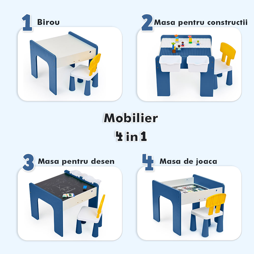 Măsuță multifuncțională pentru copii, folosita la activitati creative, construit modular cu blocuri, depozitare, desenat, colorat, din lemn mdf, scaun inclus, 57x57x45, 3-6 ani, onuvio® - albastru inchis