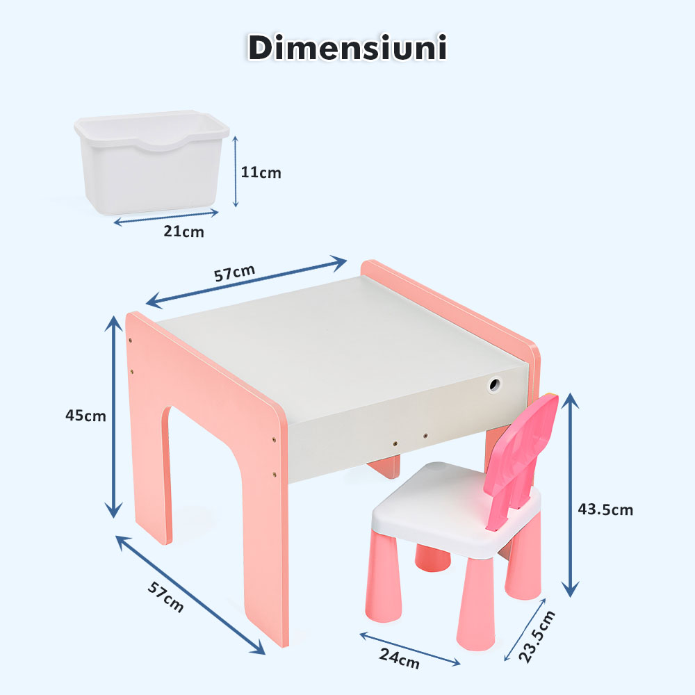 Măsuță multifuncțională pentru copii, folosita la activitati creative, construit modular cu blocuri, depozitare, desenat, colorat, din lemn mdf, scaun inclus, 57x57x45, 3-6 ani, onuvio® - roz