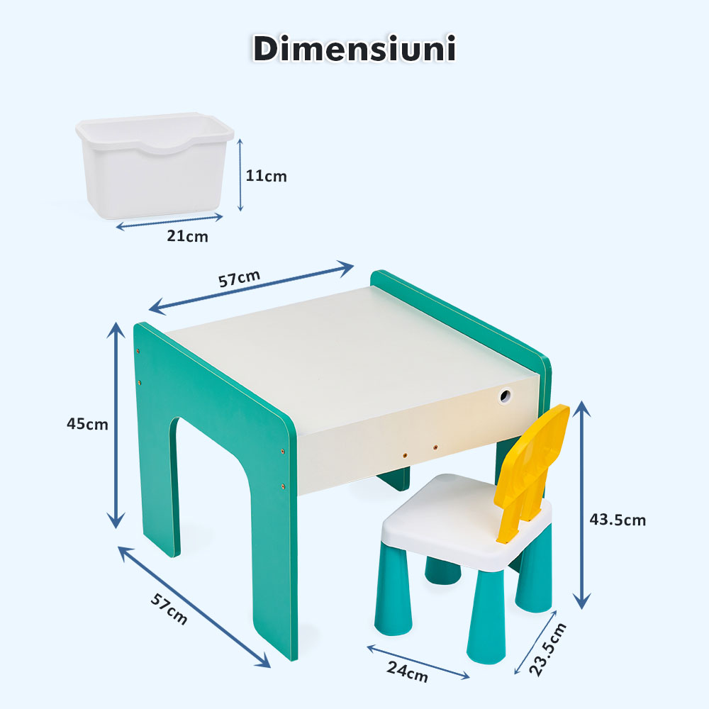 Măsuță multifuncțională pentru copii, folosita la activitati creative, construit modular cu blocuri, depozitare, desenat, colorat, din lemn mdf, scaun inclus, 57x57x45, 3-6 ani, onuvio® - verde