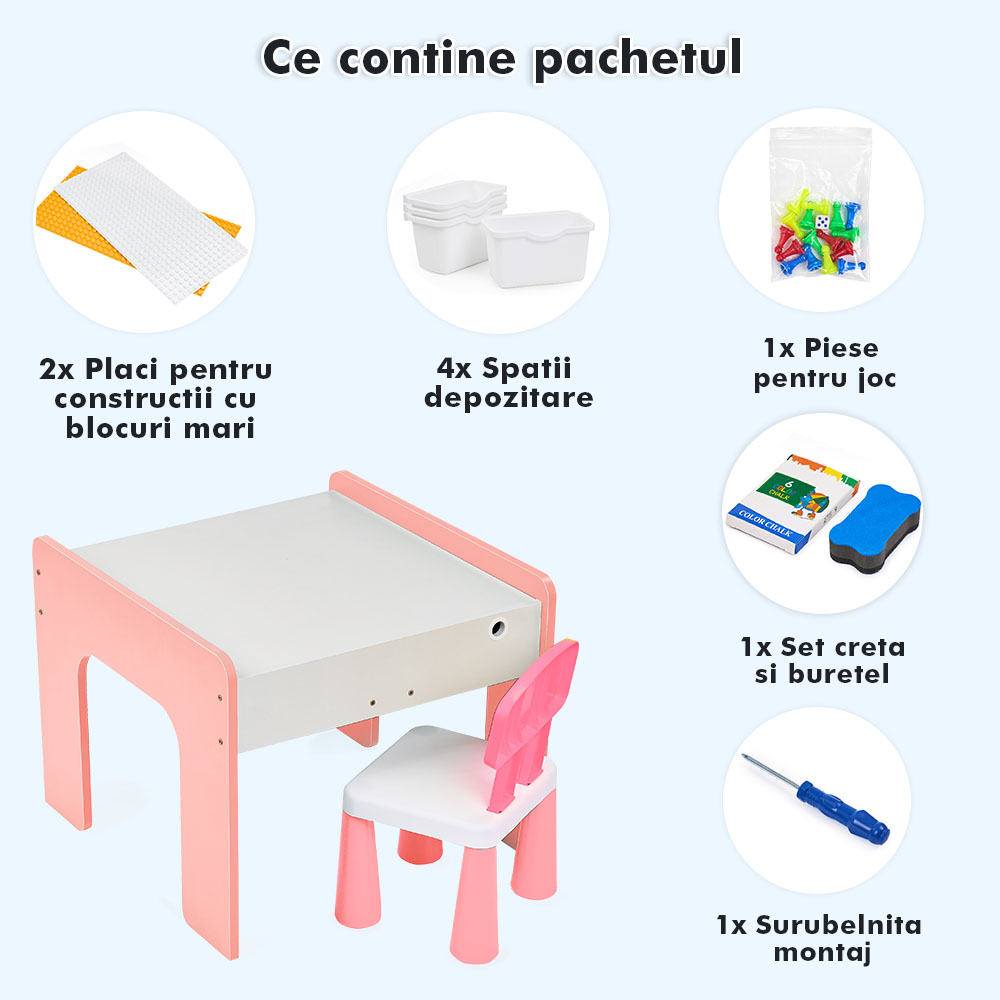 Măsuță multifuncțională pentru copii, folosita la activitati creative, construit modular cu blocuri, depozitare, desenat, colorat, din lemn mdf, scaun inclus, 57x57x45, 3-6 ani, onuvio® - roz